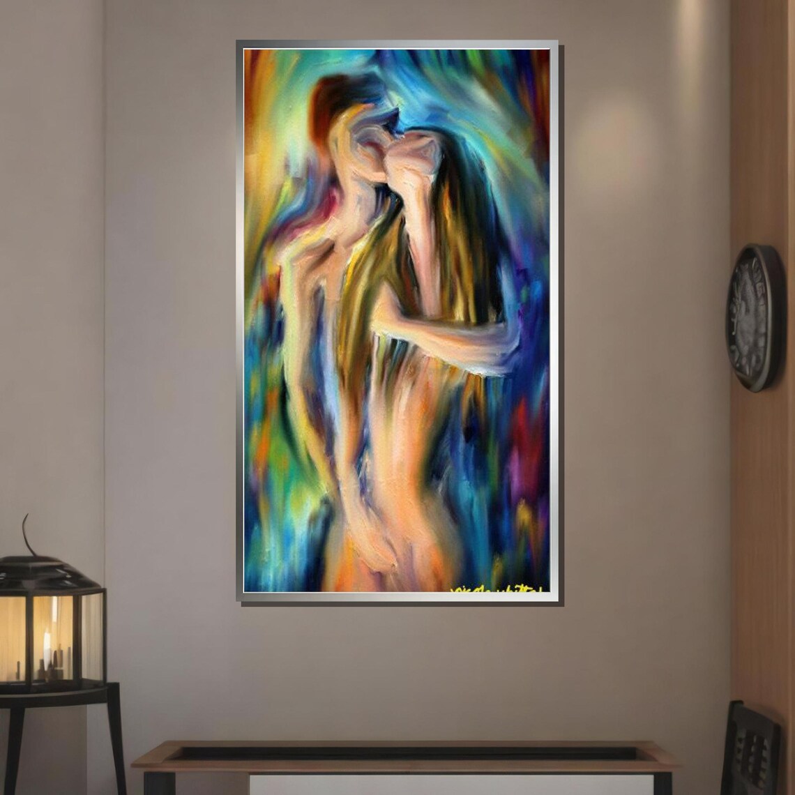 Kissing Lovers Colorful Embrace Romantic Abstract Painting Wall Poster - Image 3