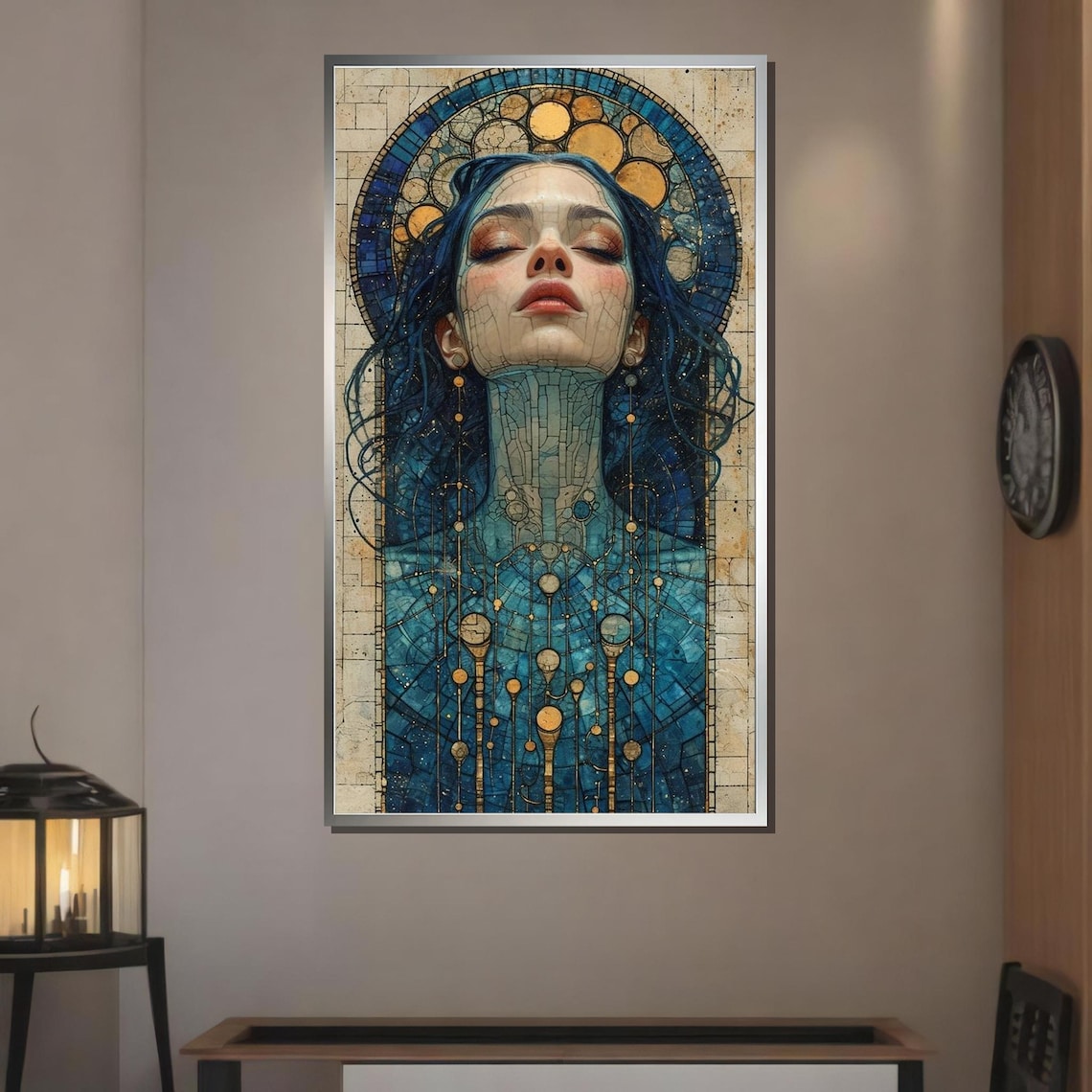 Ethereal Stained Glass Woman Blue Gold Mosaic Halo Mystical Portrait Poster - Image 3