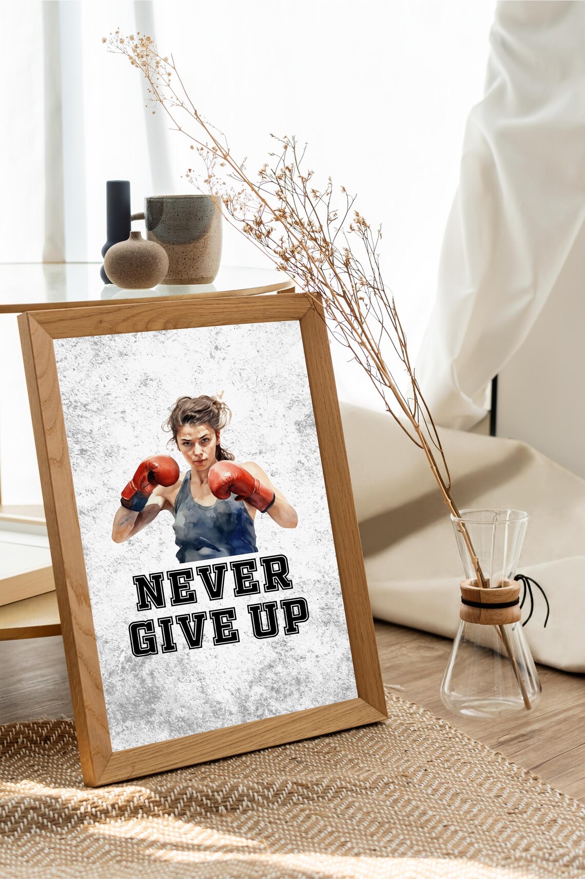 Never Give Up Woman Boxer Red Gloves Sports Motivational Print - Image 8
