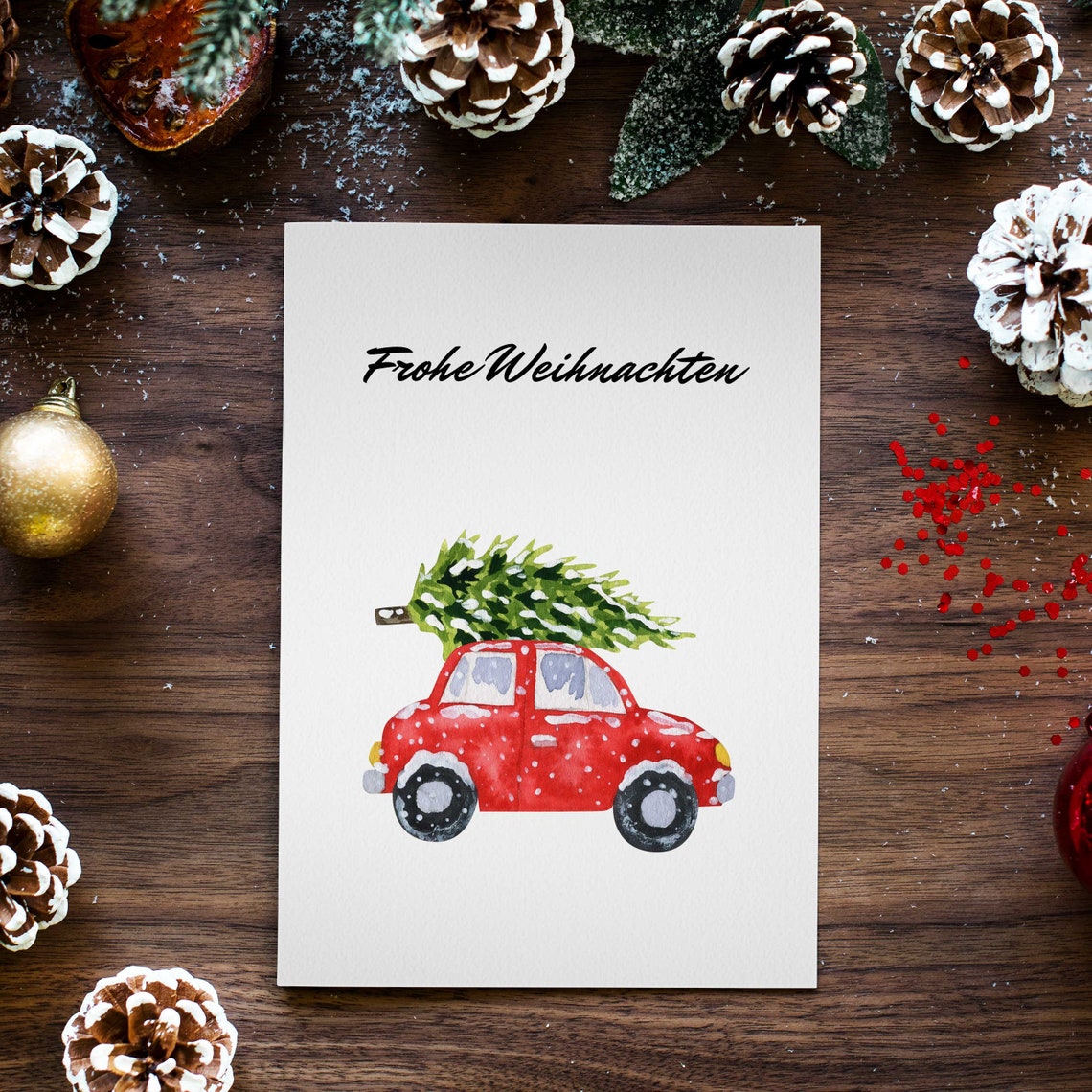 Frohe Weihnachten Red Car Christmas Tree German Holiday Poster
