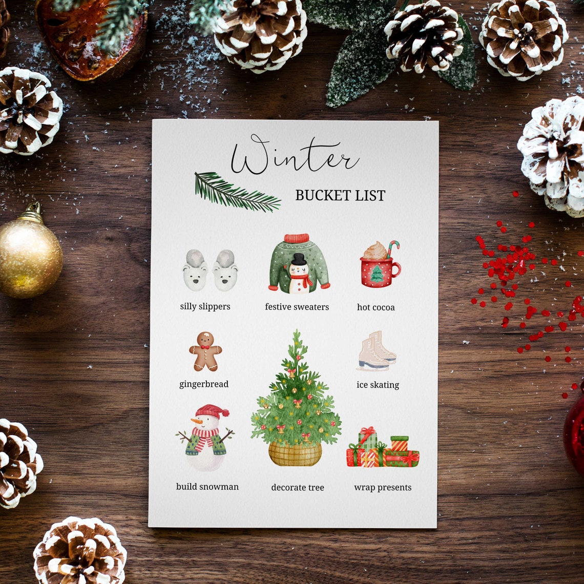 Cozy Winter Bucket List Illustrated Watercolor Christmas Poster