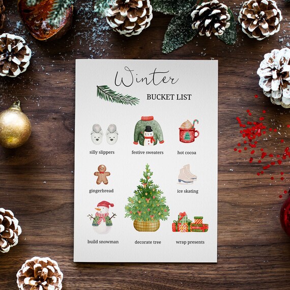 Cozy Winter Bucket List Illustrated Watercolor Christmas Poster