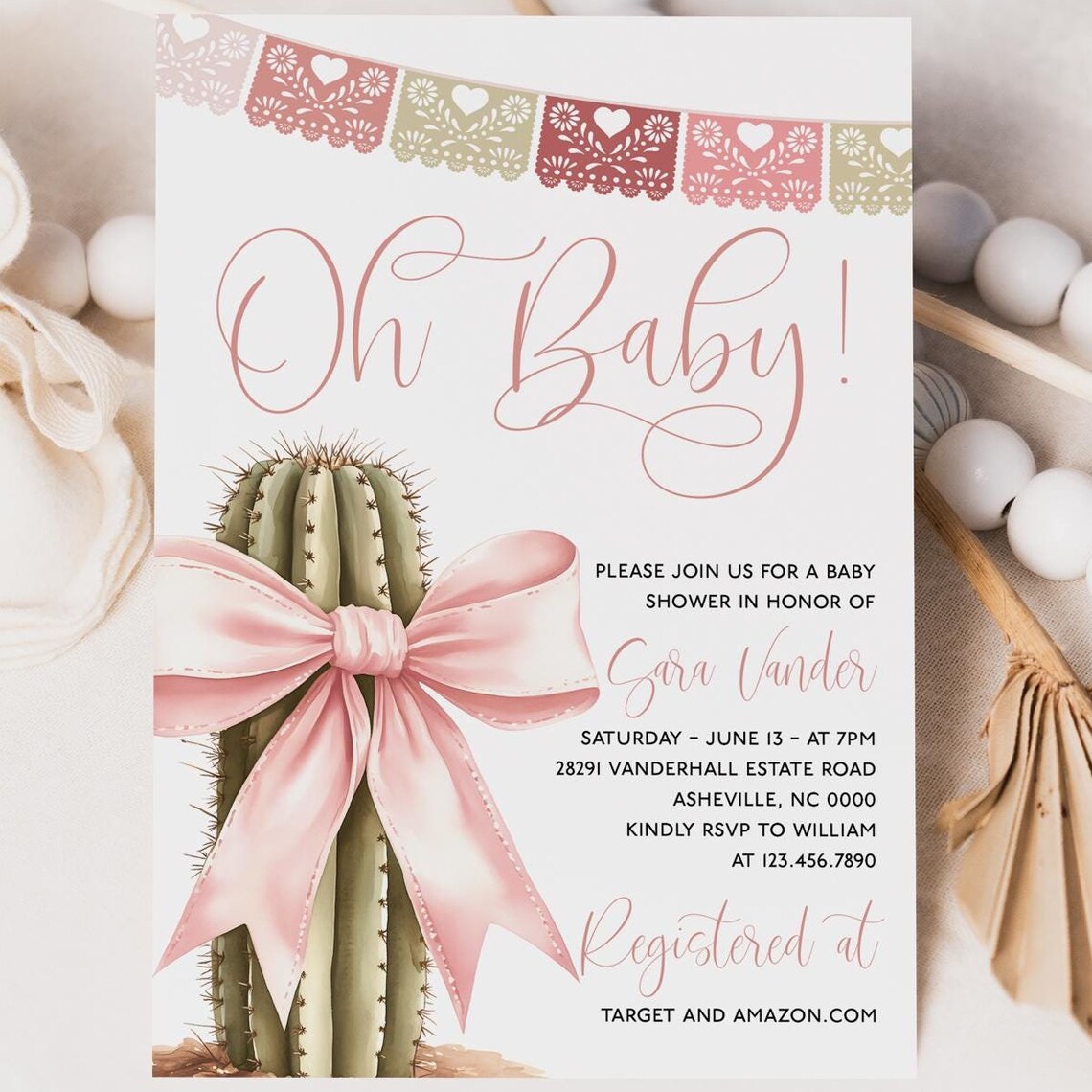Oh Baby Cactus Pink Bow Baby Shower Invitation Editable Print
