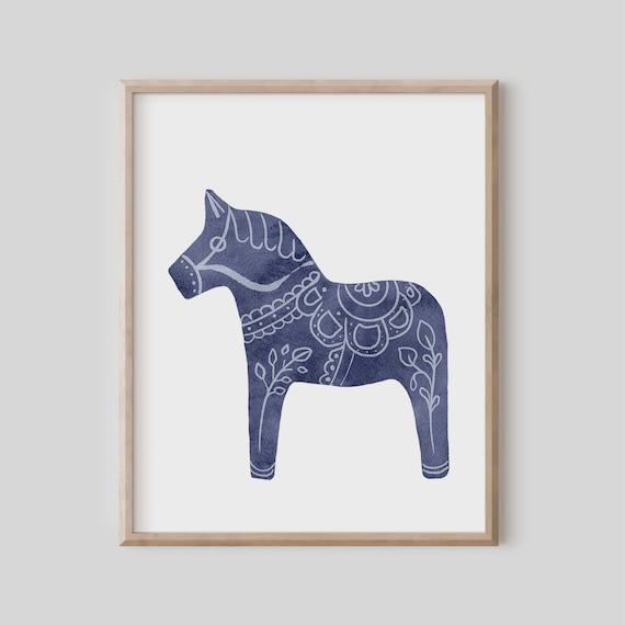 Blue Dala Horse Swedish Folk Art Scandinavian Christmas Poster