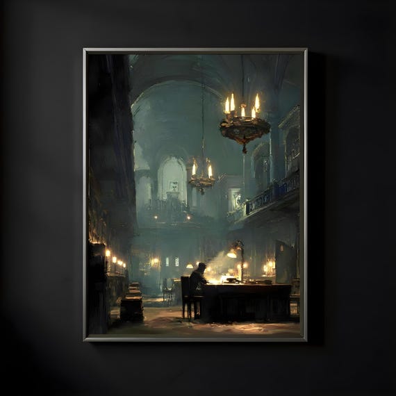 Dark Academia Victorian Library Painting Framed Gothic Oil