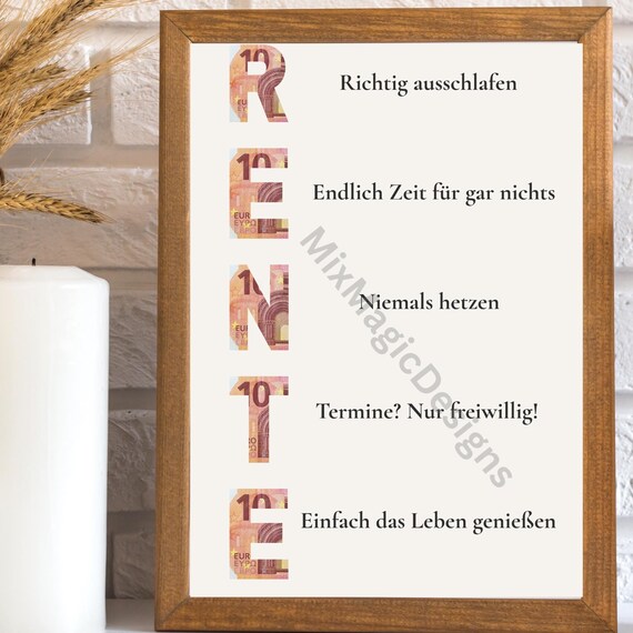 Funny German RENTE Money Gift Poster Euro Bill Letters Retirement Decor
