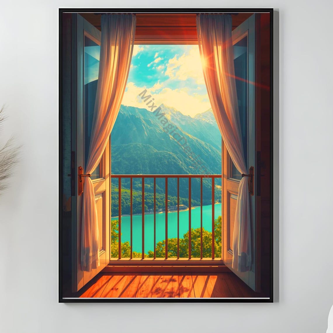 Window View Alps Poster Sunlit Balcony Doors Turquoise Lake Art