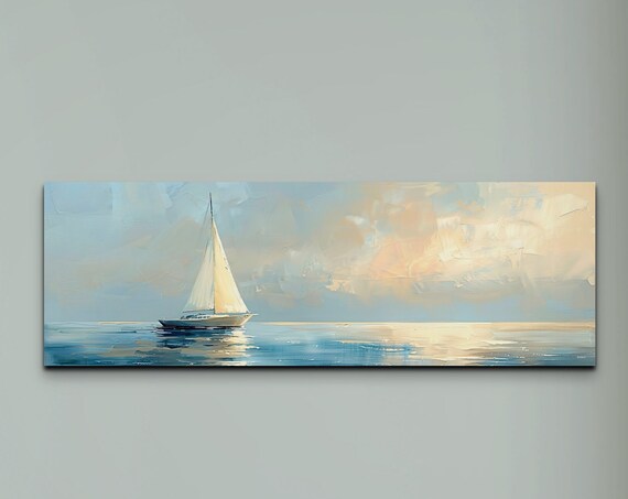 Lone Sailboat On Calm Sea Under Pastel Sky Coastal Art Poster