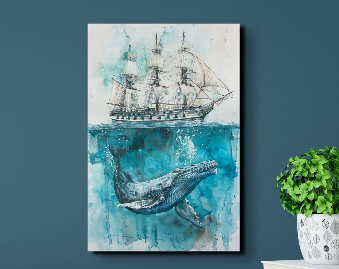 Whale Beneath Tall Sailing Ship Watercolor Ocean Nursery Poster