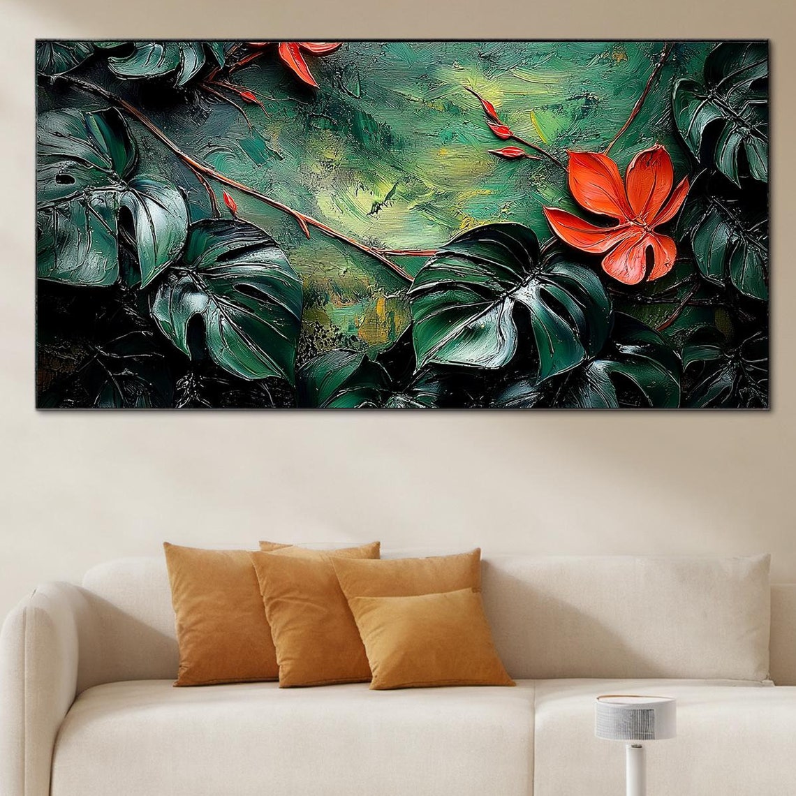 Dark Green Monstera Tropical Leaves Red Flower Impasto Wall Art Poster