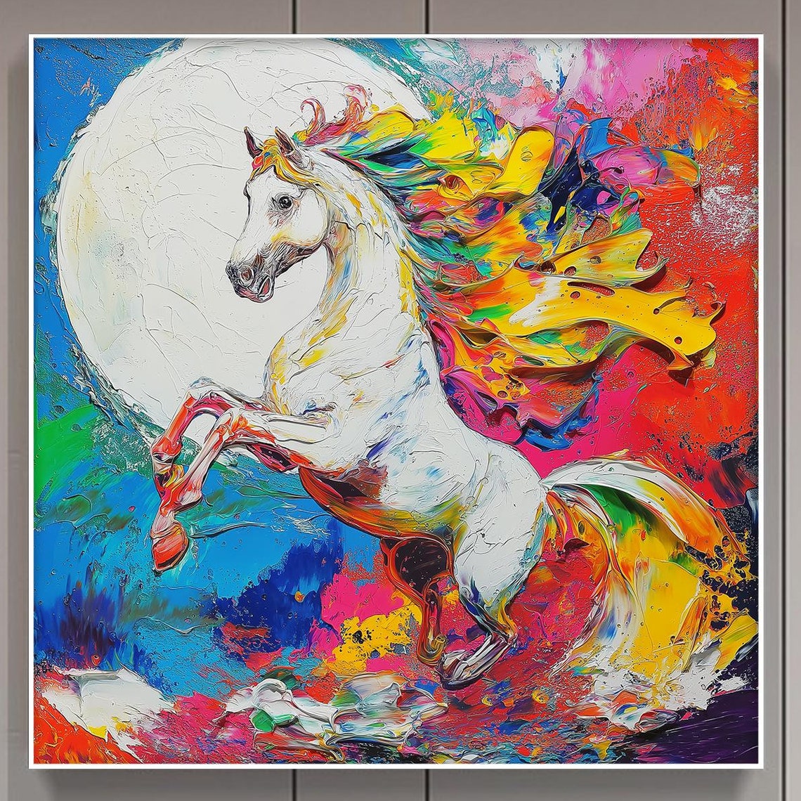 White Horse Rearing Rainbow Colors Impasto Abstract Animal Art Poster