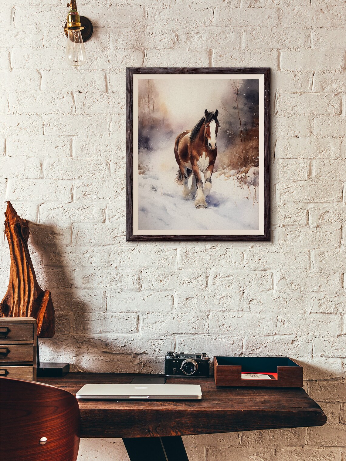 Clydesdale Horse in Snow Watercolor Winter Farm Animal Poster - Image 2