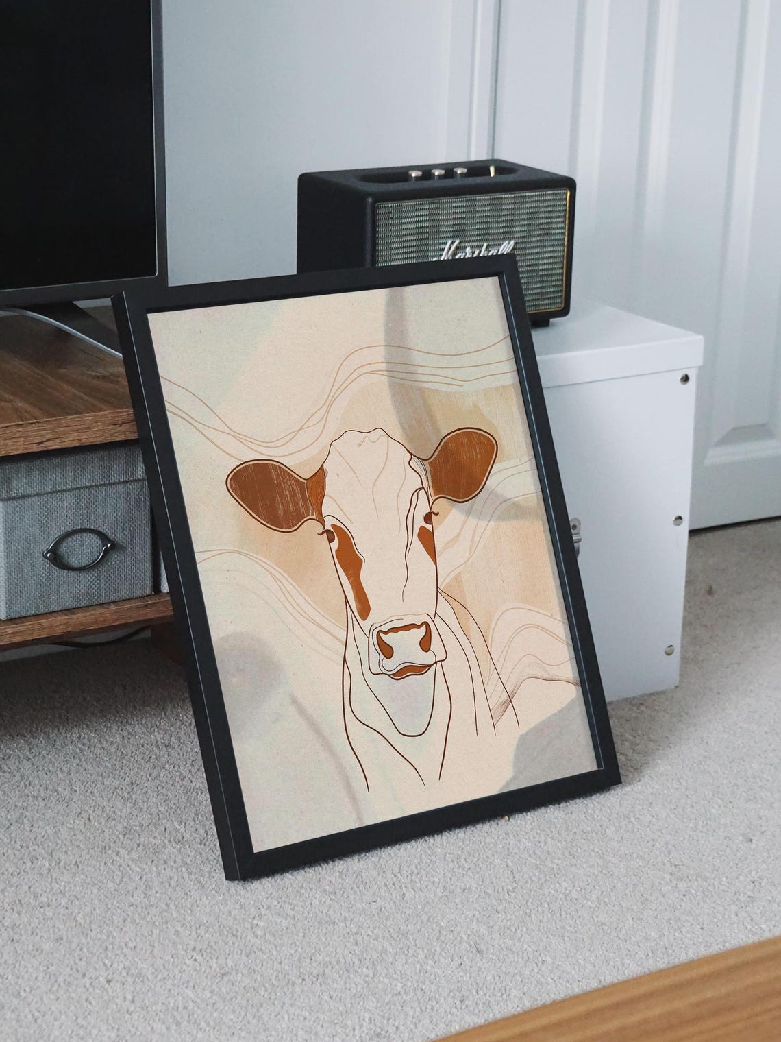 Terracotta Line Drawing of a Cow on a Warm Beige Canvas Poster - Image 8