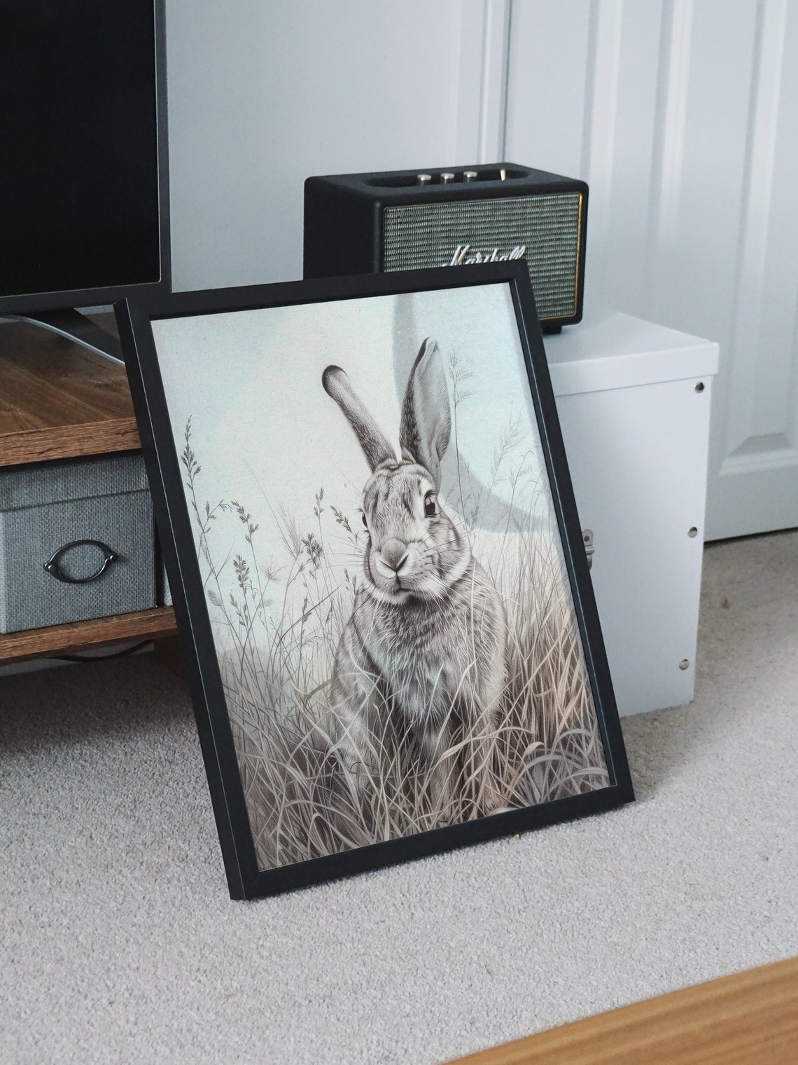 Alert Hare in Tall Grass Detailed Graphite Drawing Art Poster - Image 6
