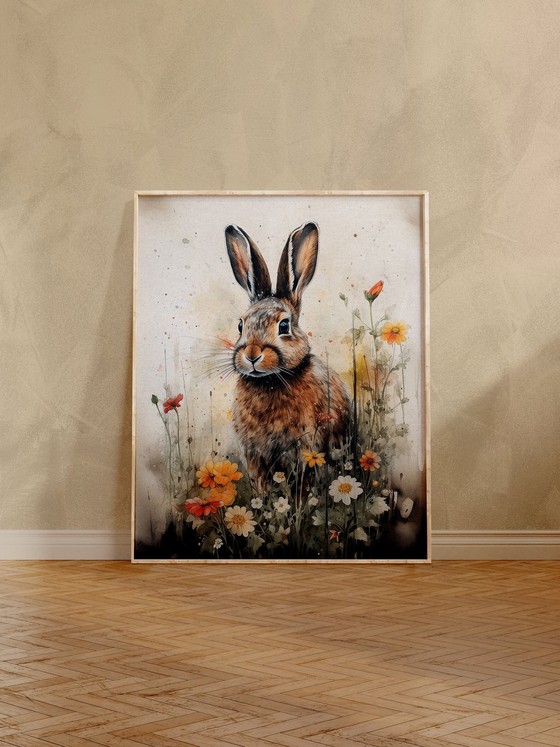 Brown Hare in Wildflower Garden Watercolor Meadow Art Poster - Image 4