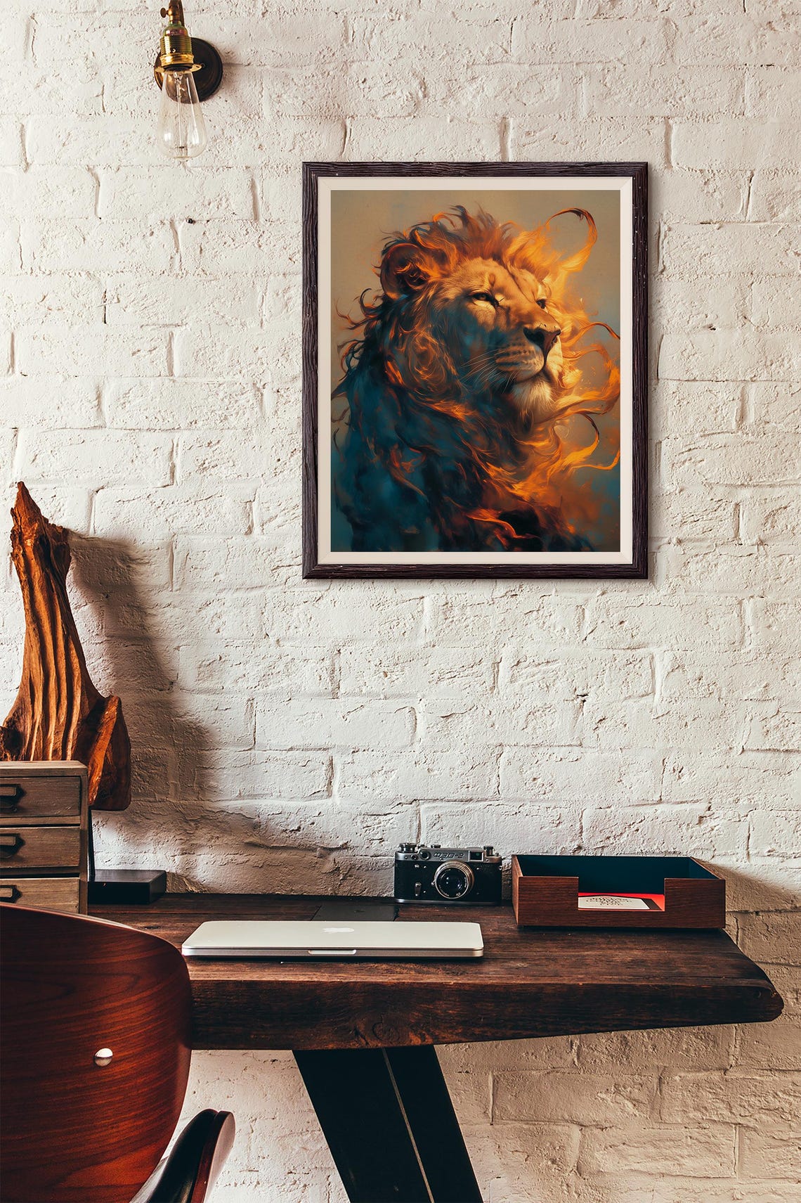 Majestic Lion with a Flowing Fiery Mane in Teal and Orange Poster - Image 4