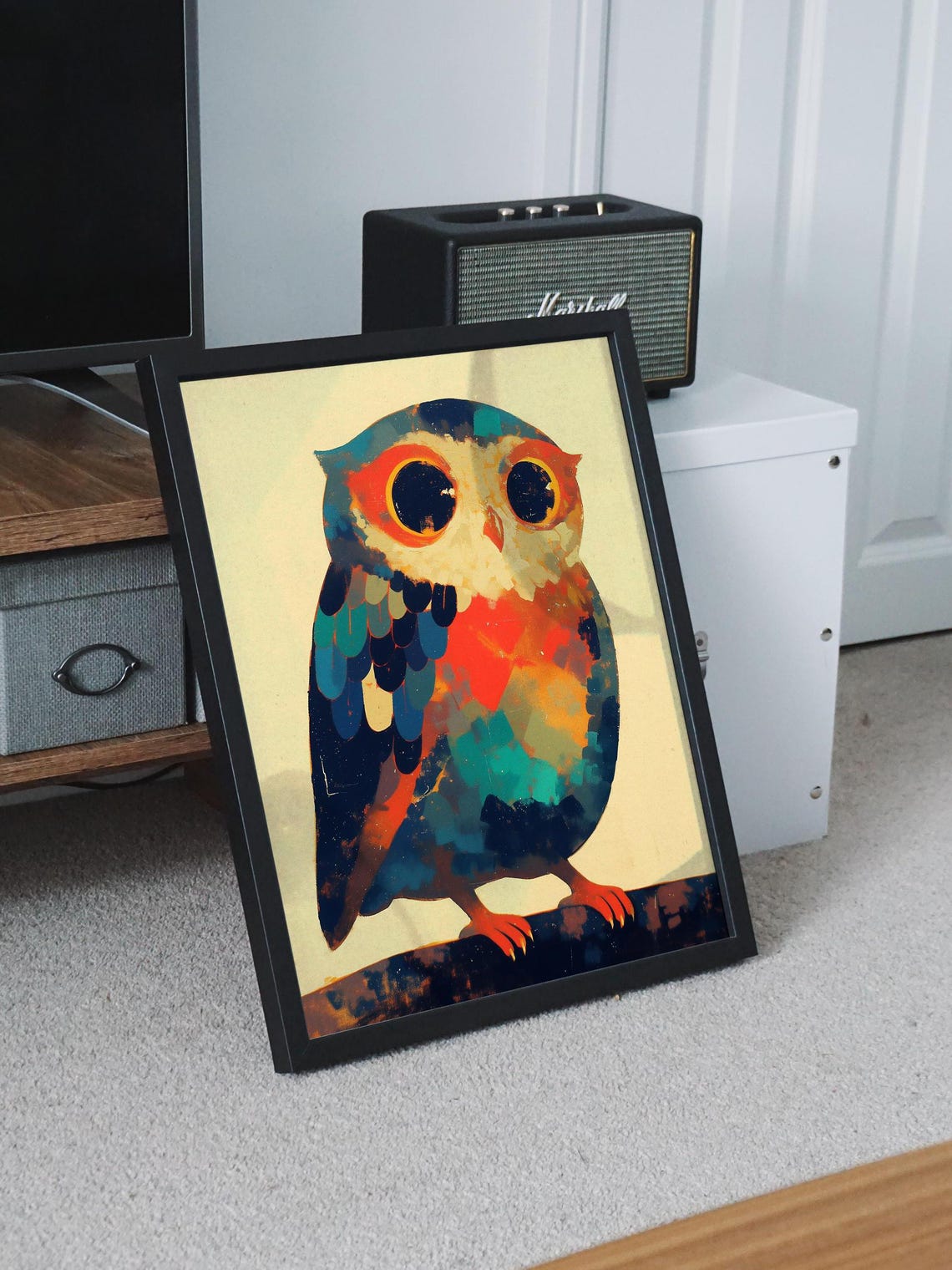 Cute Stylized Owl With Big Round Eyes in Teal and Orange Tones Poster - Image 8