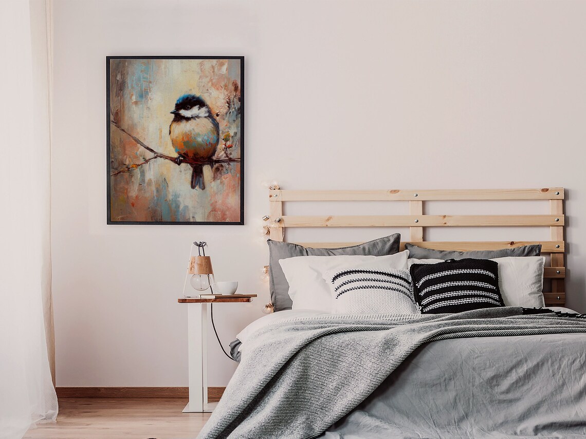 Chickadee on Branch Impressionist Oil Painting Bird Art Poster - Image 2