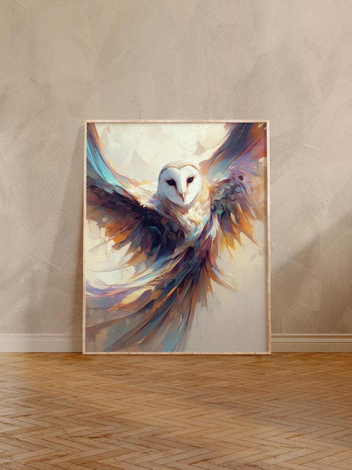 Soaring Barn Owl in Flight with Sweeping Abstract Wings Poster - Image 6