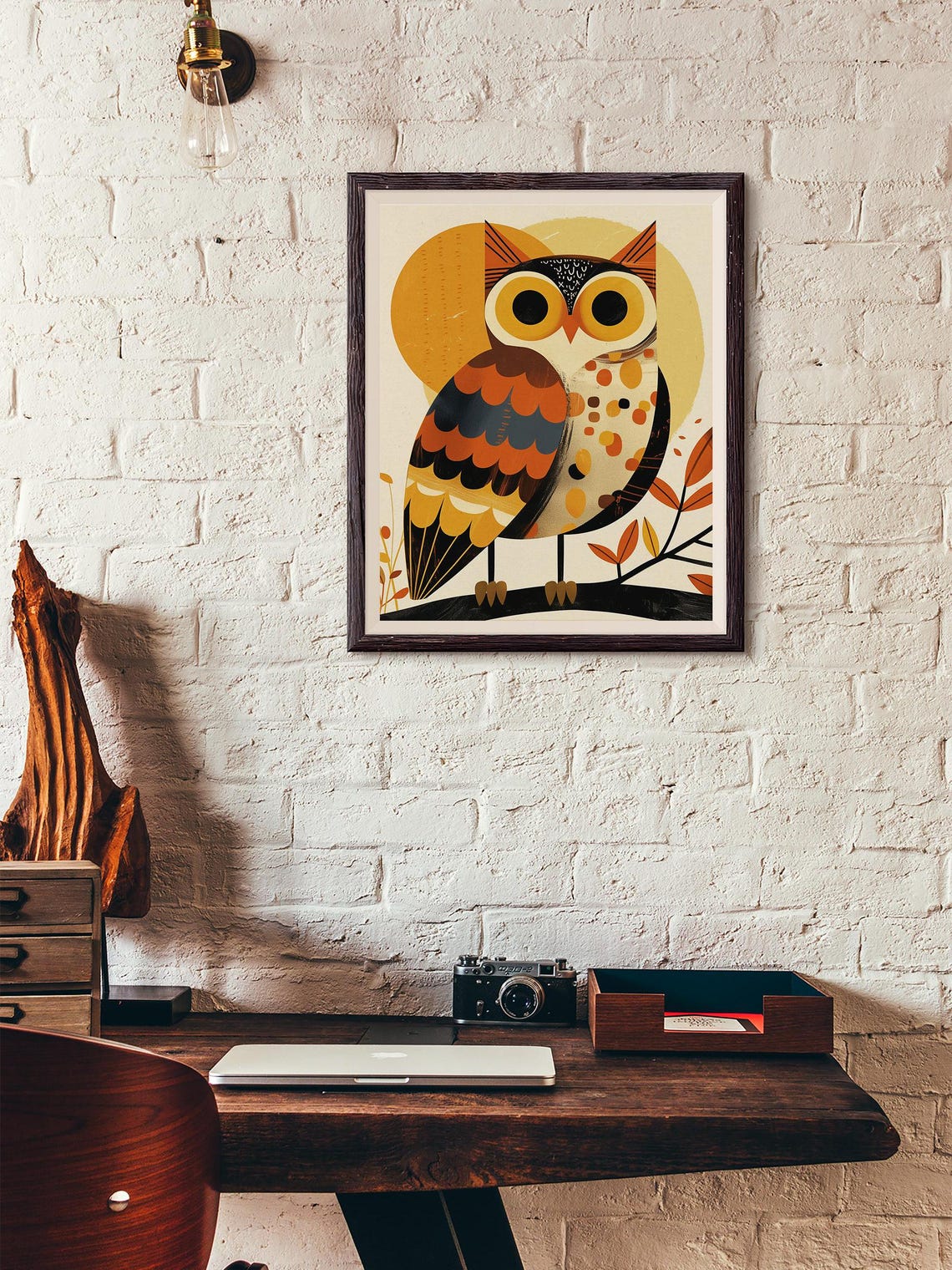 Whimsical Folk Art Owl on a Branch with a Warm Golden Sun Poster - Image 3
