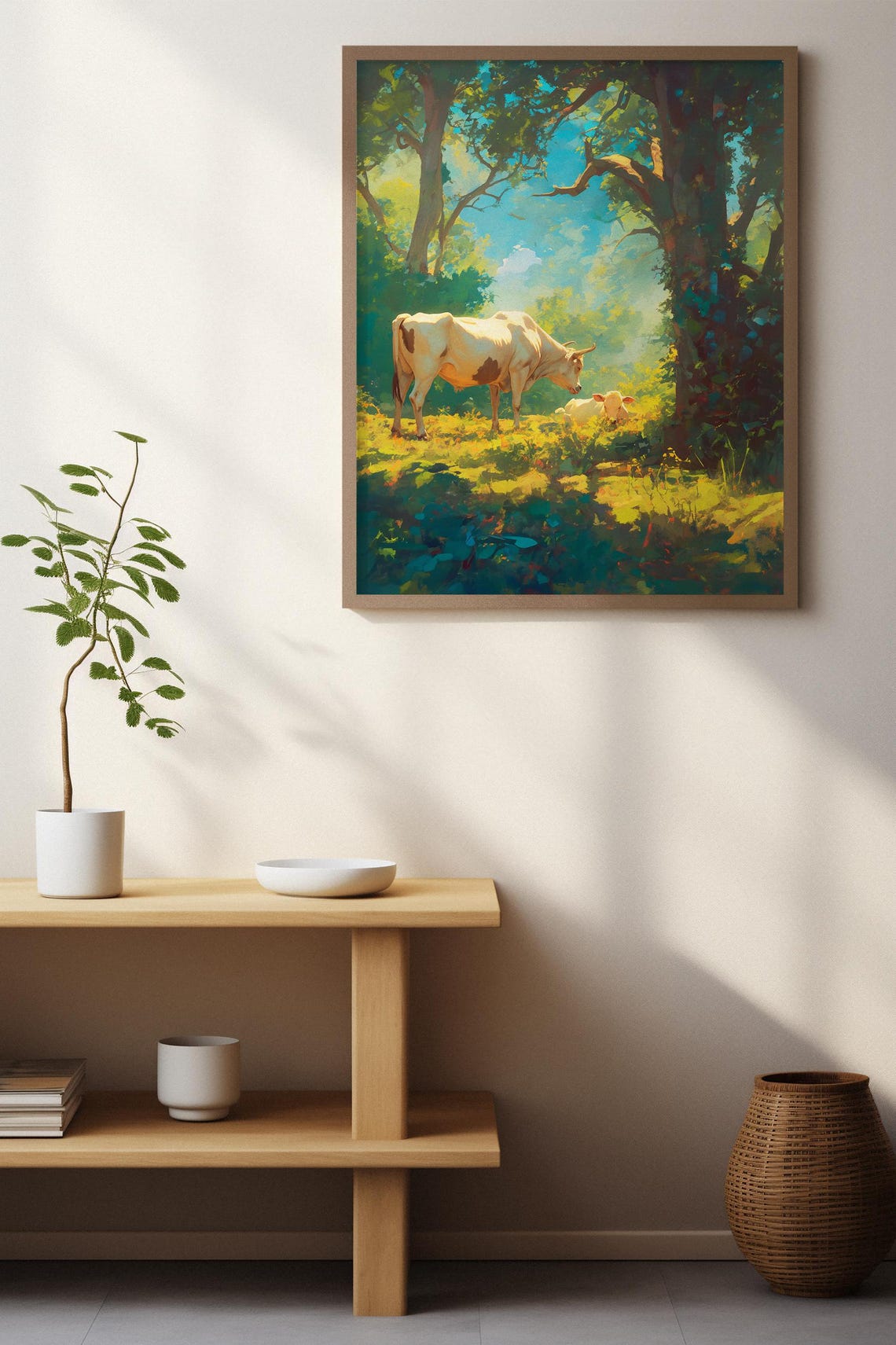 White Cow and Calf Resting in a Sunlit Forest Clearing Poster - Image 8