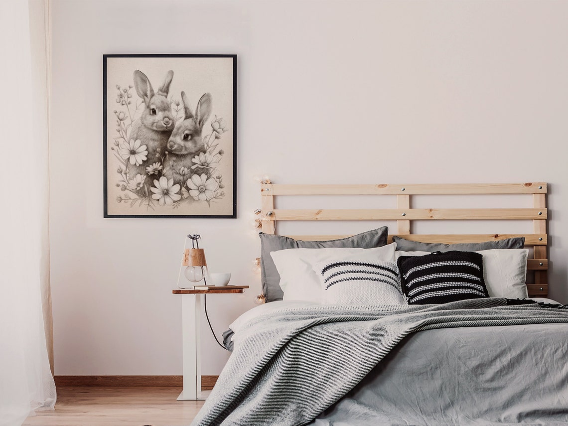 Two Rabbits Among Flowers Graphite Pencil Sketch Animal Poster - Image 5