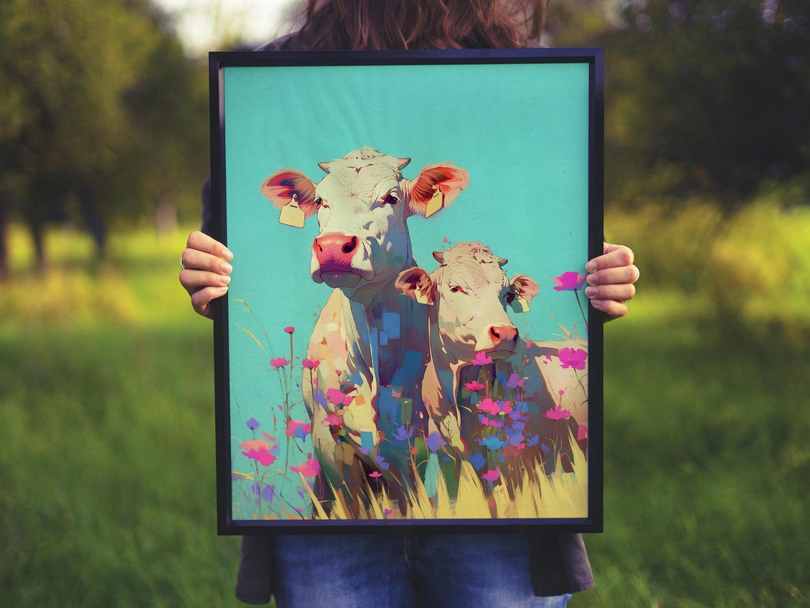 Two White Cows Among Pink Wildflowers on a Turquoise Sky Poster - Image 4