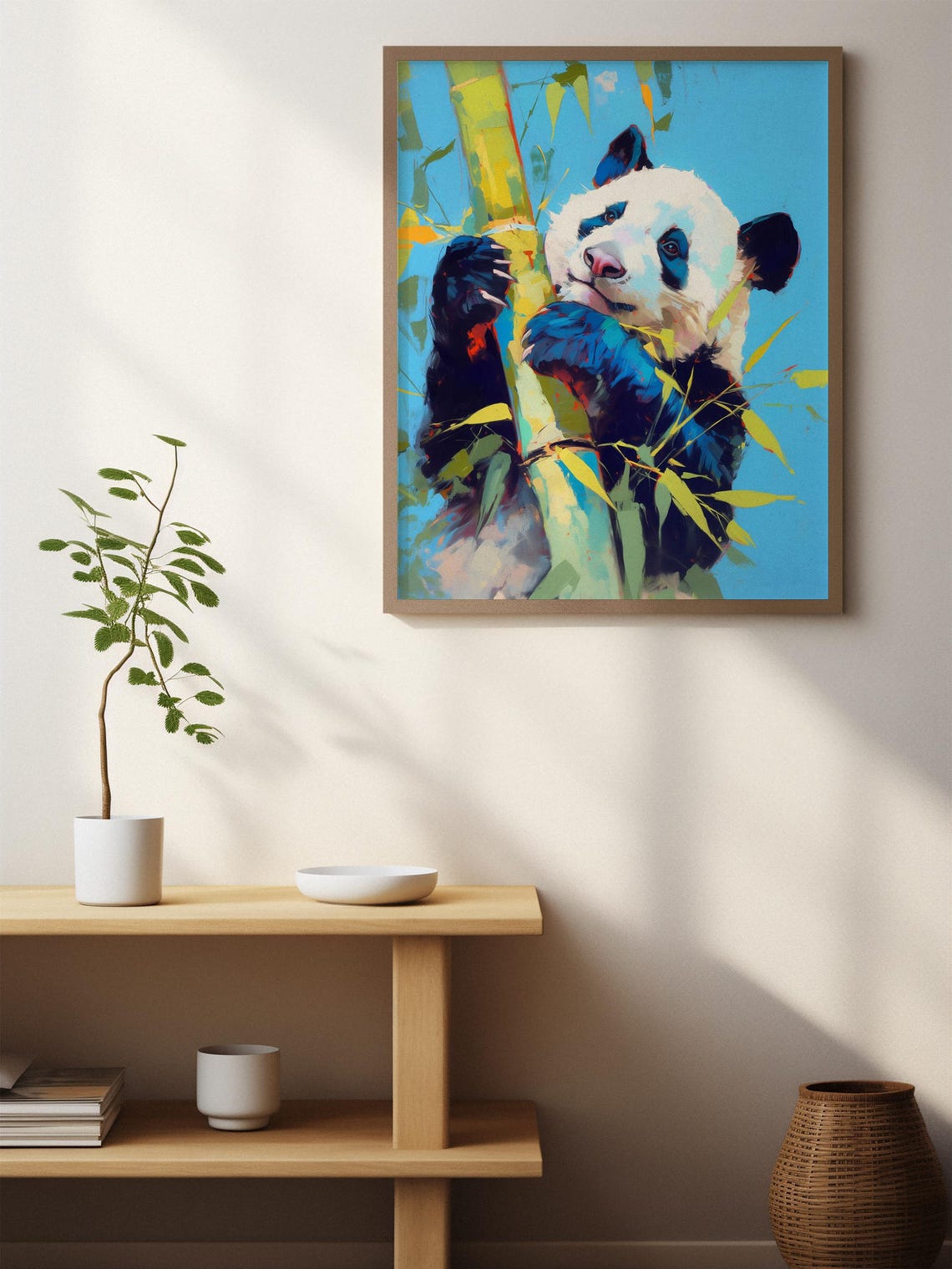 Colorful Giant Panda Hugging Bamboo Against a Bright Blue Sky Poster - Image 3