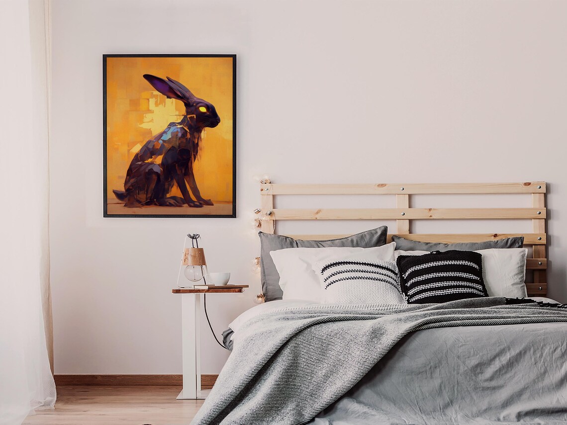 Dark Stylized Rabbit With Glowing Yellow Eyes on Golden Background Poster - Image 8