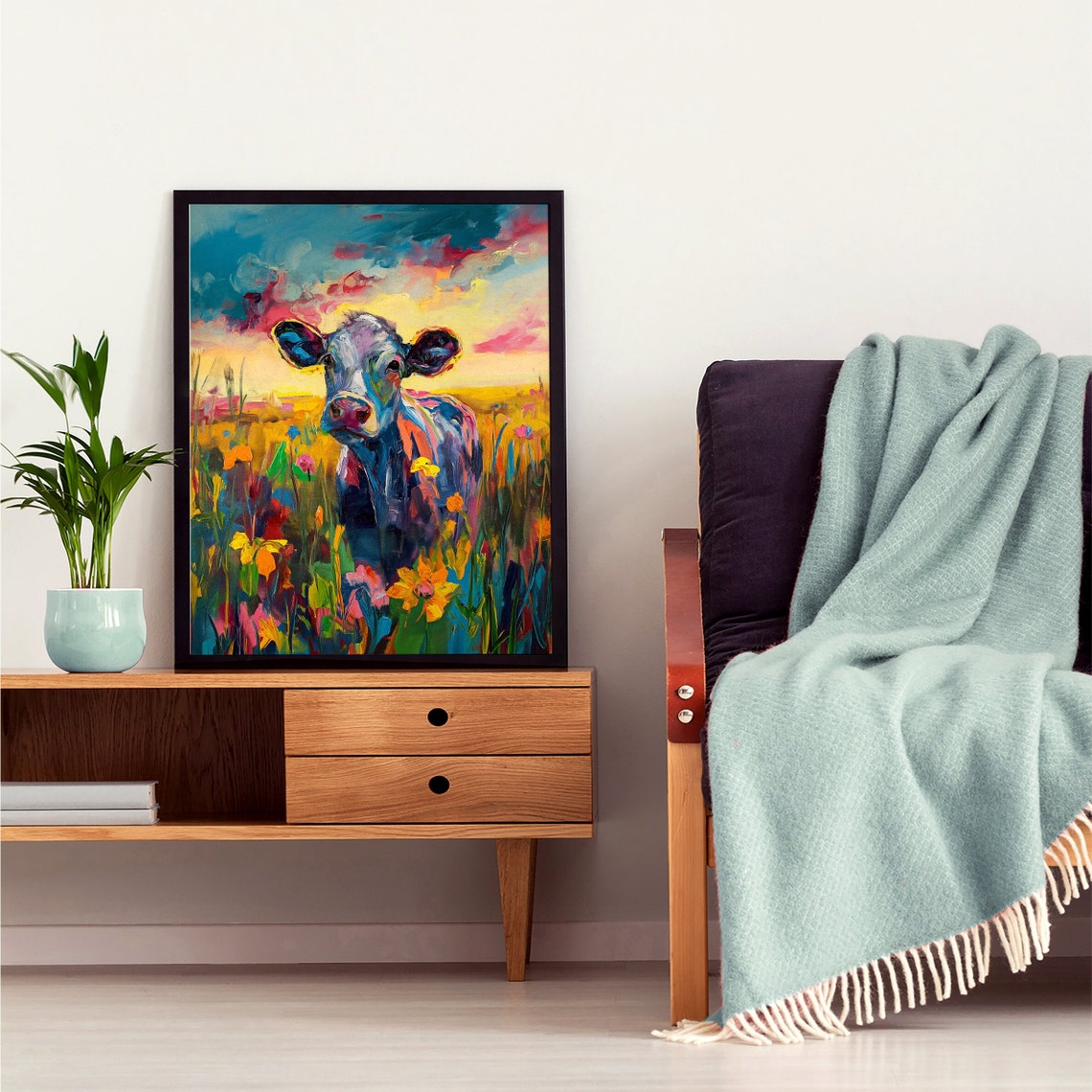 Colorful Cow in Wildflower Meadow Sunset Impressionist Poster - Image 8