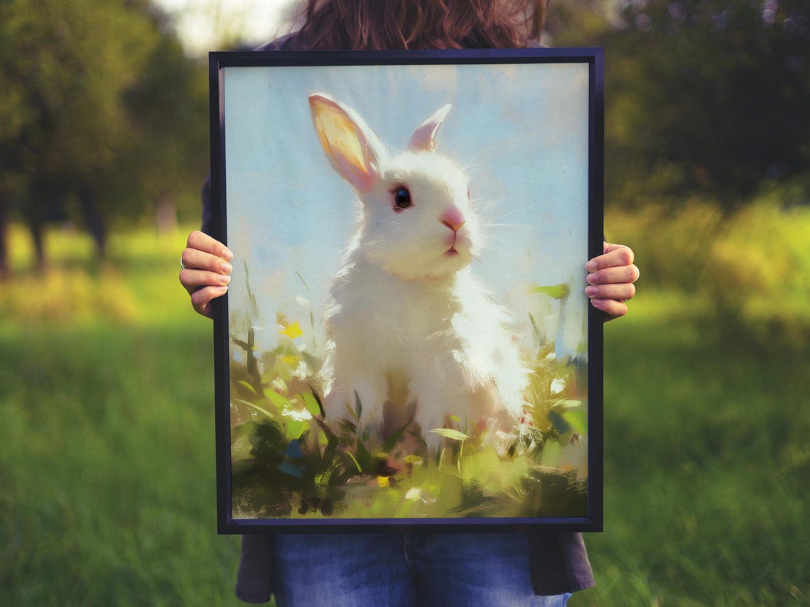 Sweet White Baby Bunny Sitting in a Sunny Flower Meadow Art Poster - Image 5