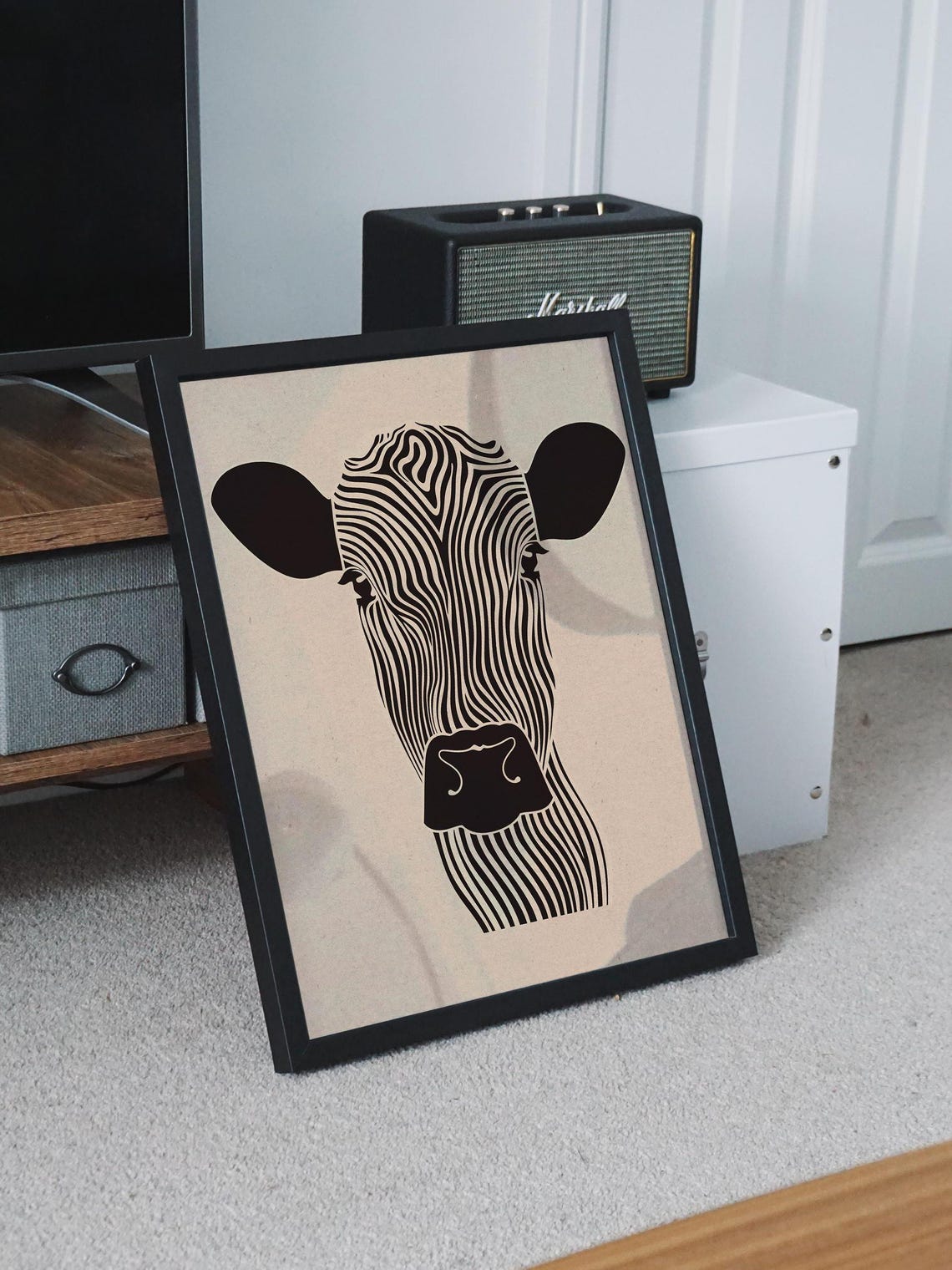 Bold Graphic Black and White Zebra-Striped Cow Head Line Art Poster - Image 8