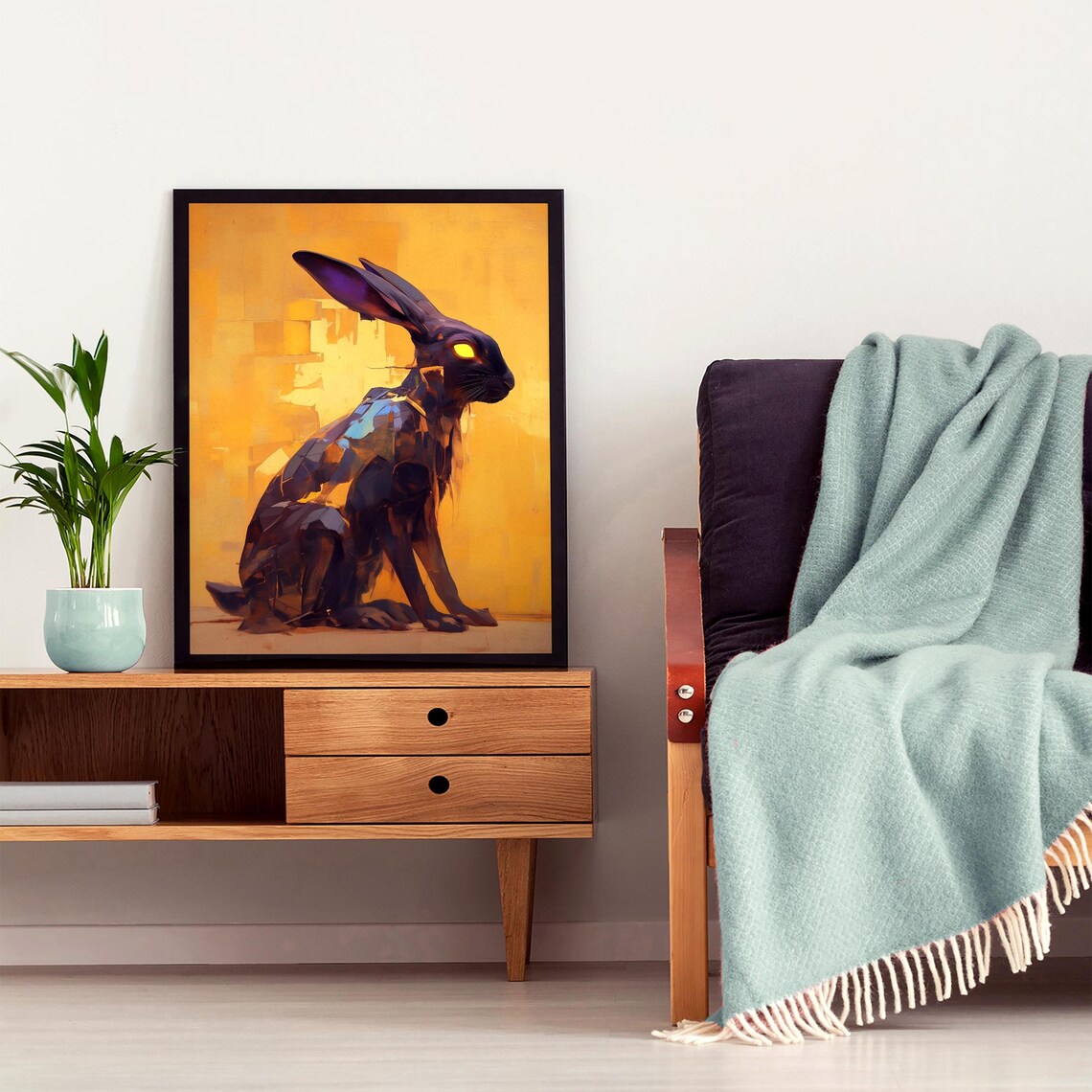 Dark Stylized Rabbit With Glowing Yellow Eyes on Golden Background Poster - Image 7