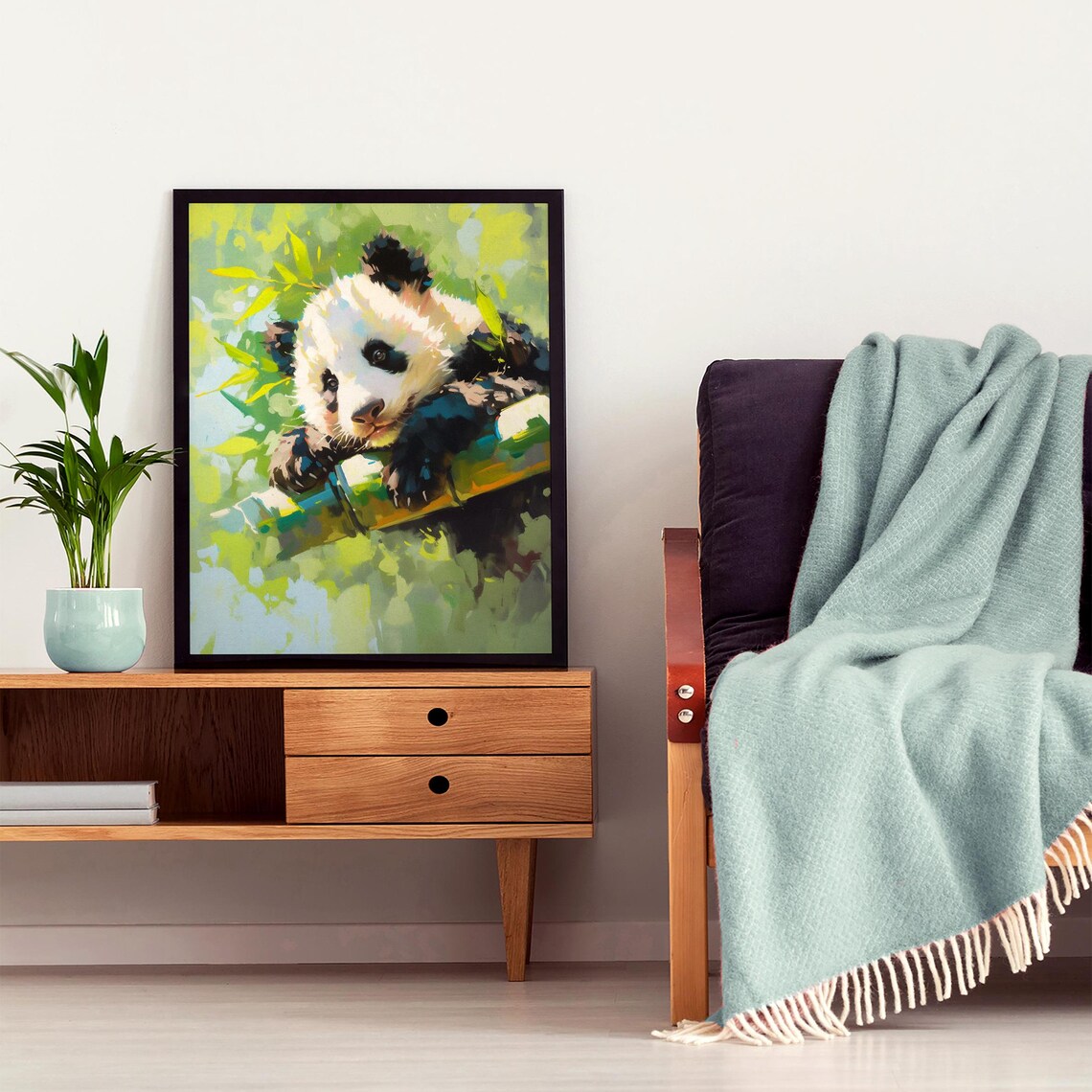 Cute Panda Cub Resting on Bamboo Among Soft Green Leaves Art Poster - Image 4