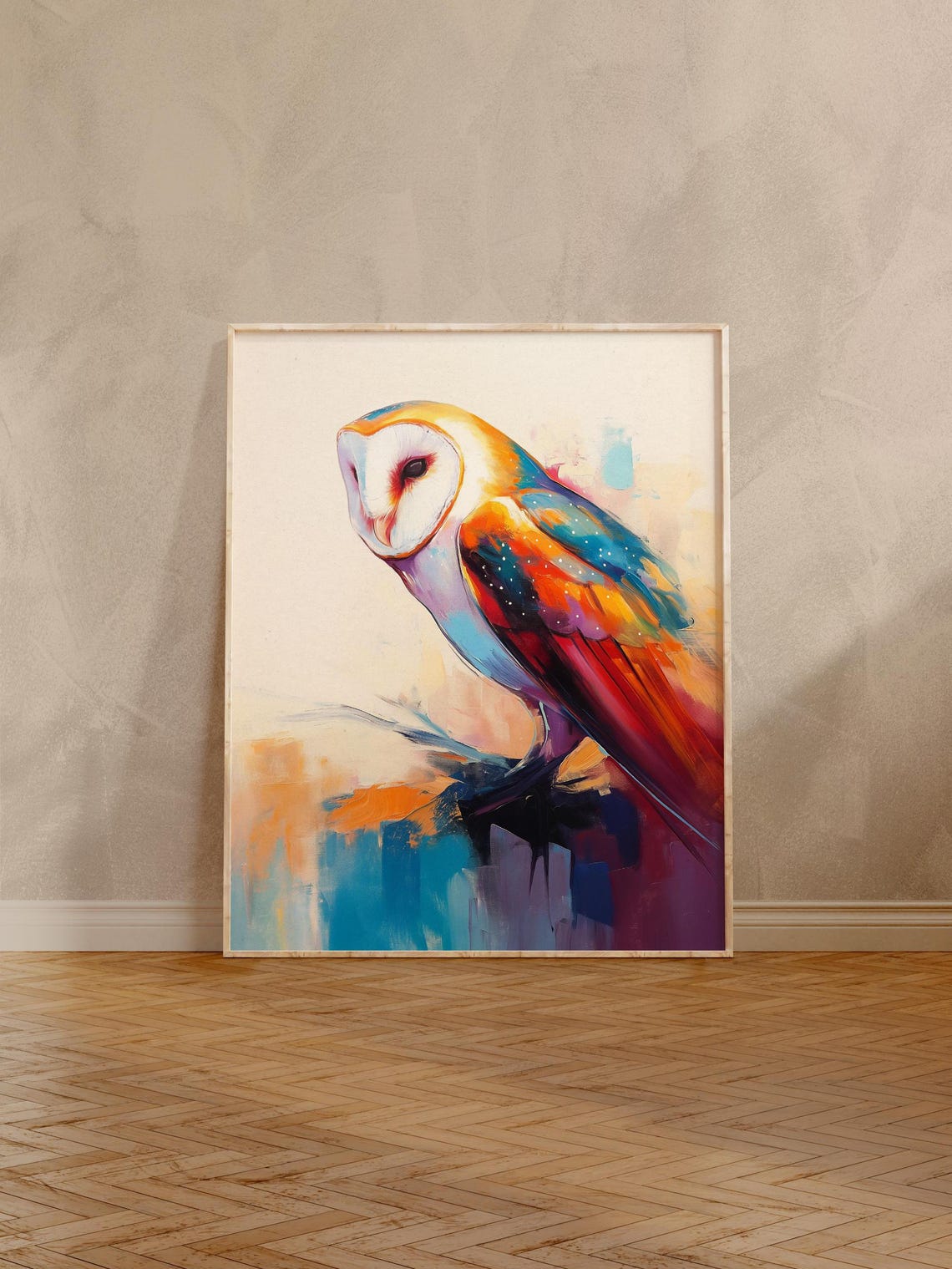 Barn Owl in Profile With Rainbow Painted Plumage on Cream Poster - Image 6