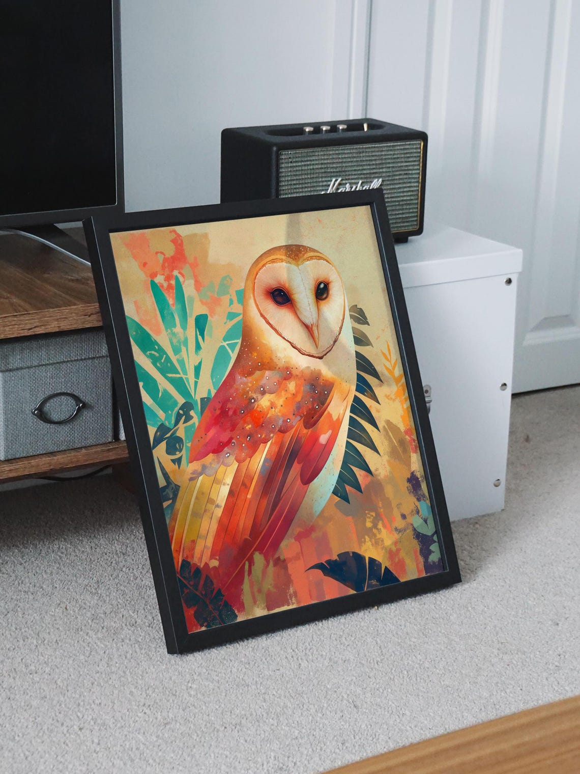 Stylized Barn Owl in Warm Sunset Tones with Tropical Leaves Poster - Image 6