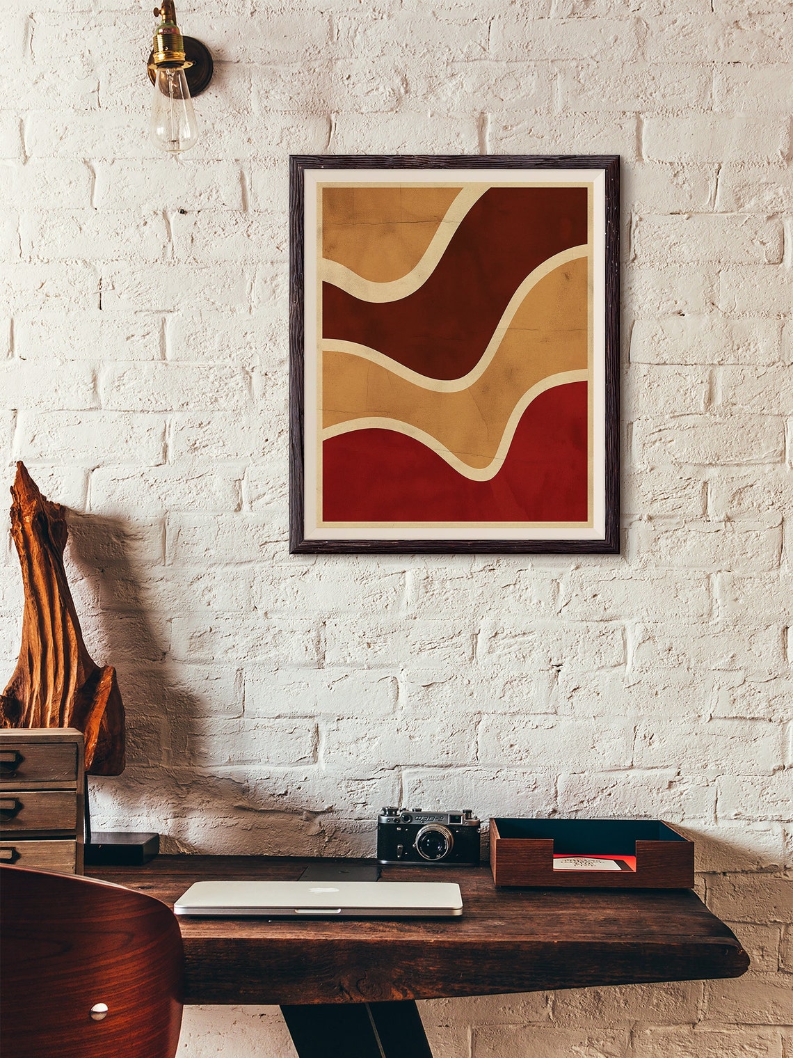 Burgundy and Cream Flowing Waves Retro Mid Century Abstract Poster - Image 3