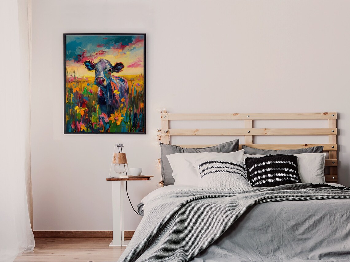 Colorful Cow in Flower Field Sunset Cheerful Farm Art Poster - Image 5