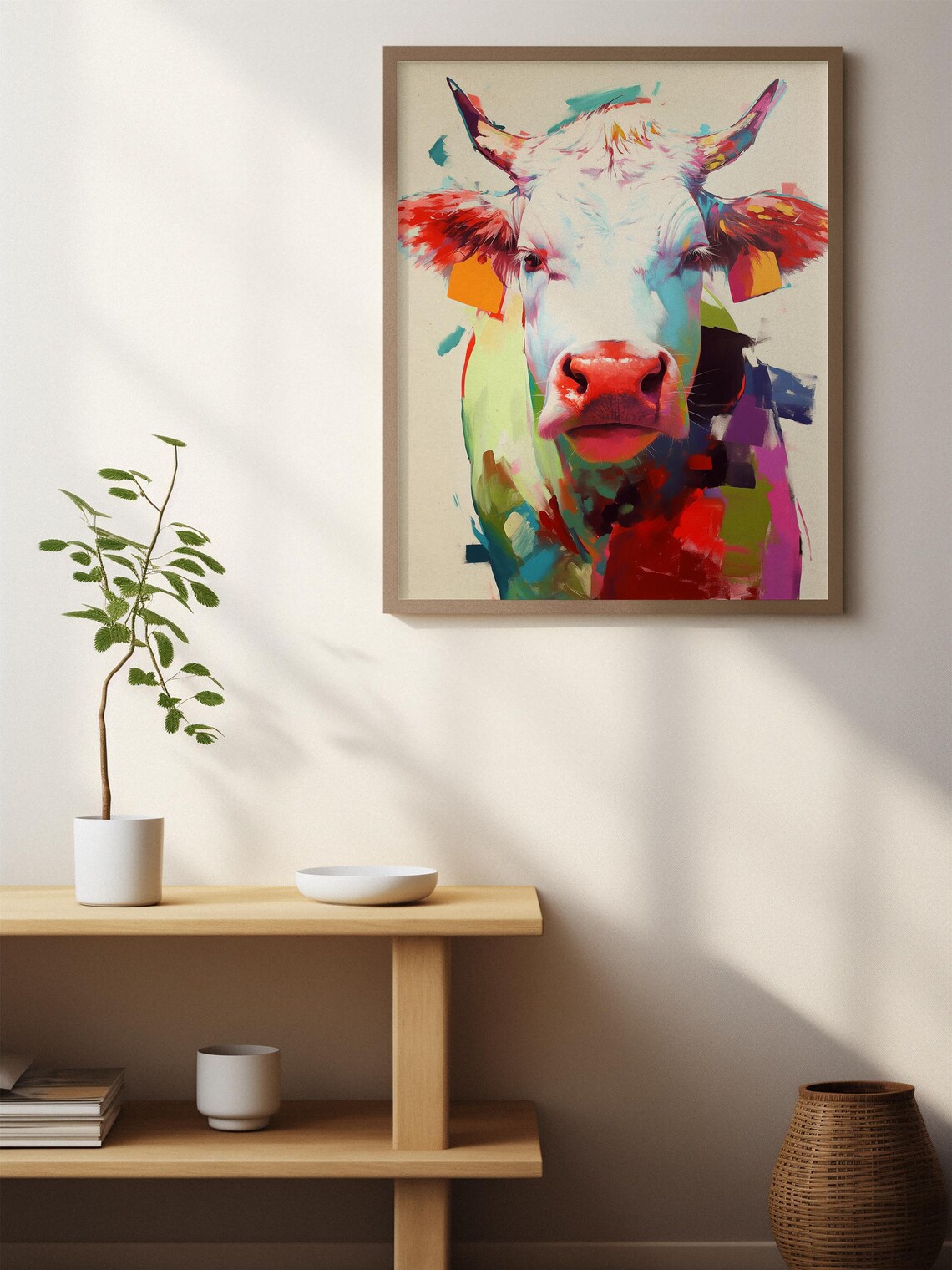 Vibrant Pop Art Cow Portrait in Teal, Red and Coral Hues Poster - Image 3