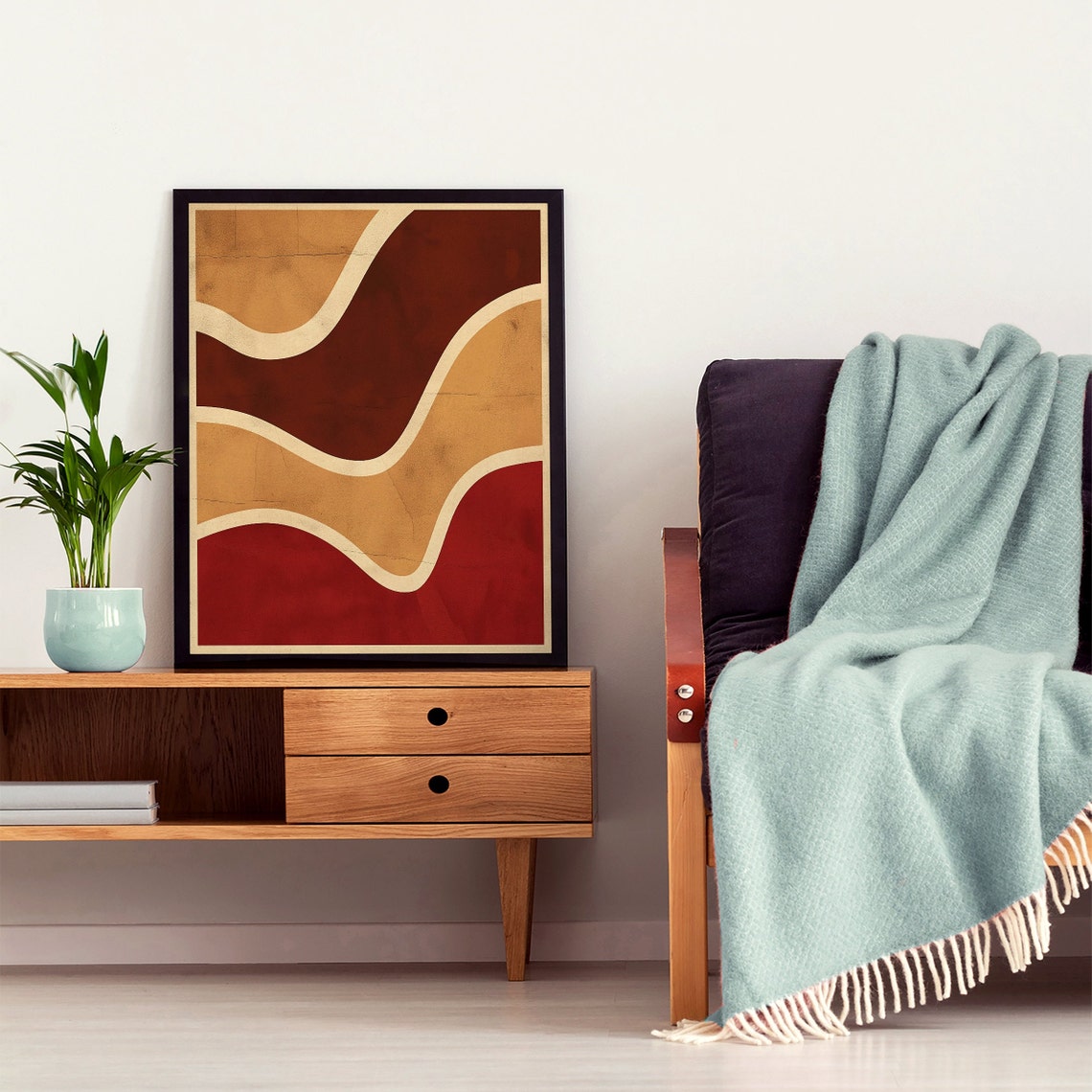 Burgundy and Cream Flowing Waves Retro Mid Century Abstract Poster - Image 4