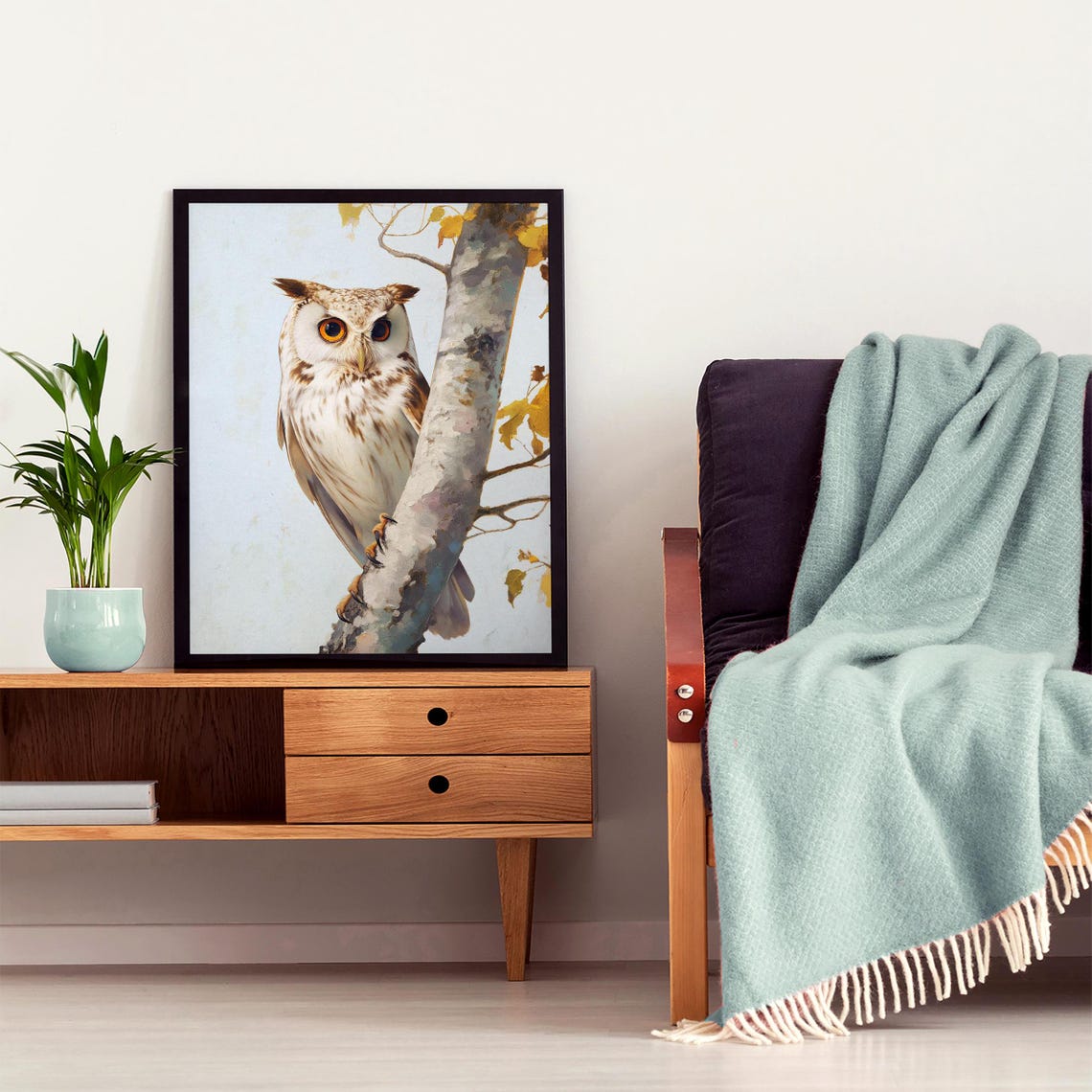 White Owl Perched on a Birch Branch with Autumn Leaves Poster - Image 6