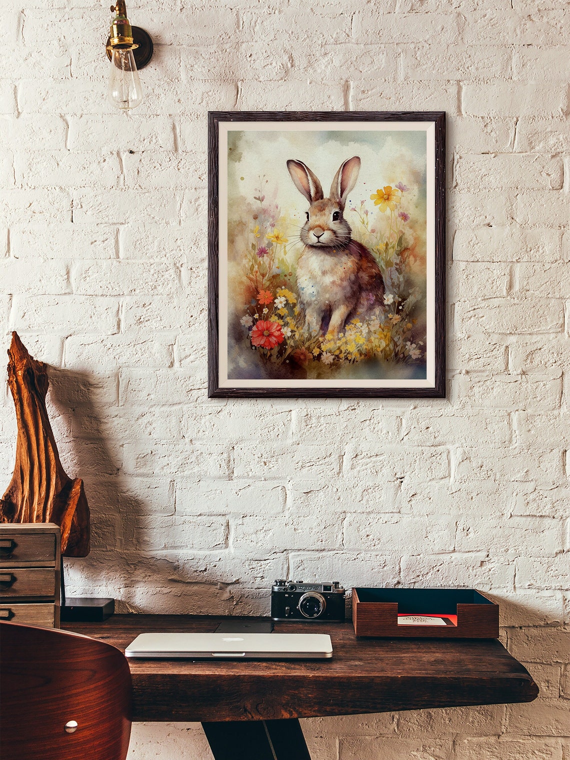 Watercolor Bunny Rabbit Among Wildflowers Pastel Animal Art Poster - Image 2