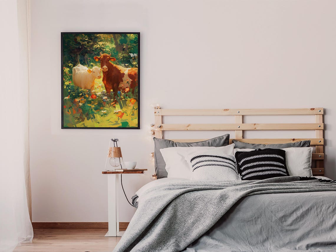 Brown Cow and White Calf in a Sunny Wildflower Meadow Poster - Image 6