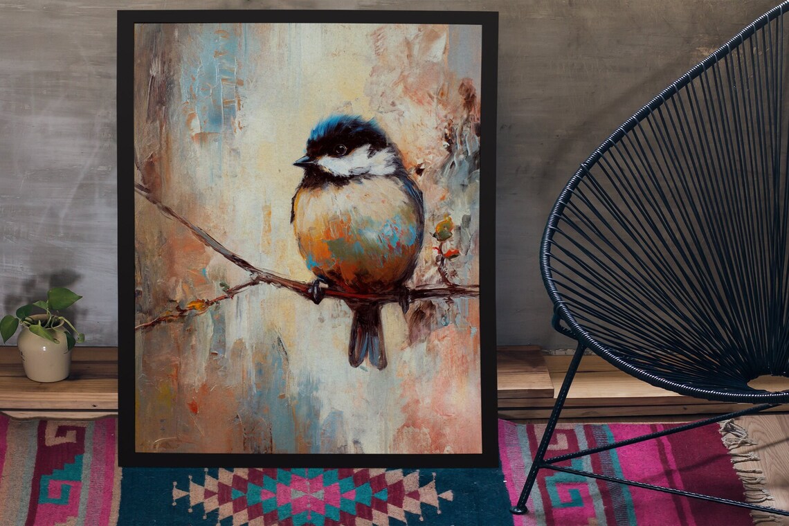 Chickadee on Branch Impressionist Oil Painting Bird Art Poster - Image 4