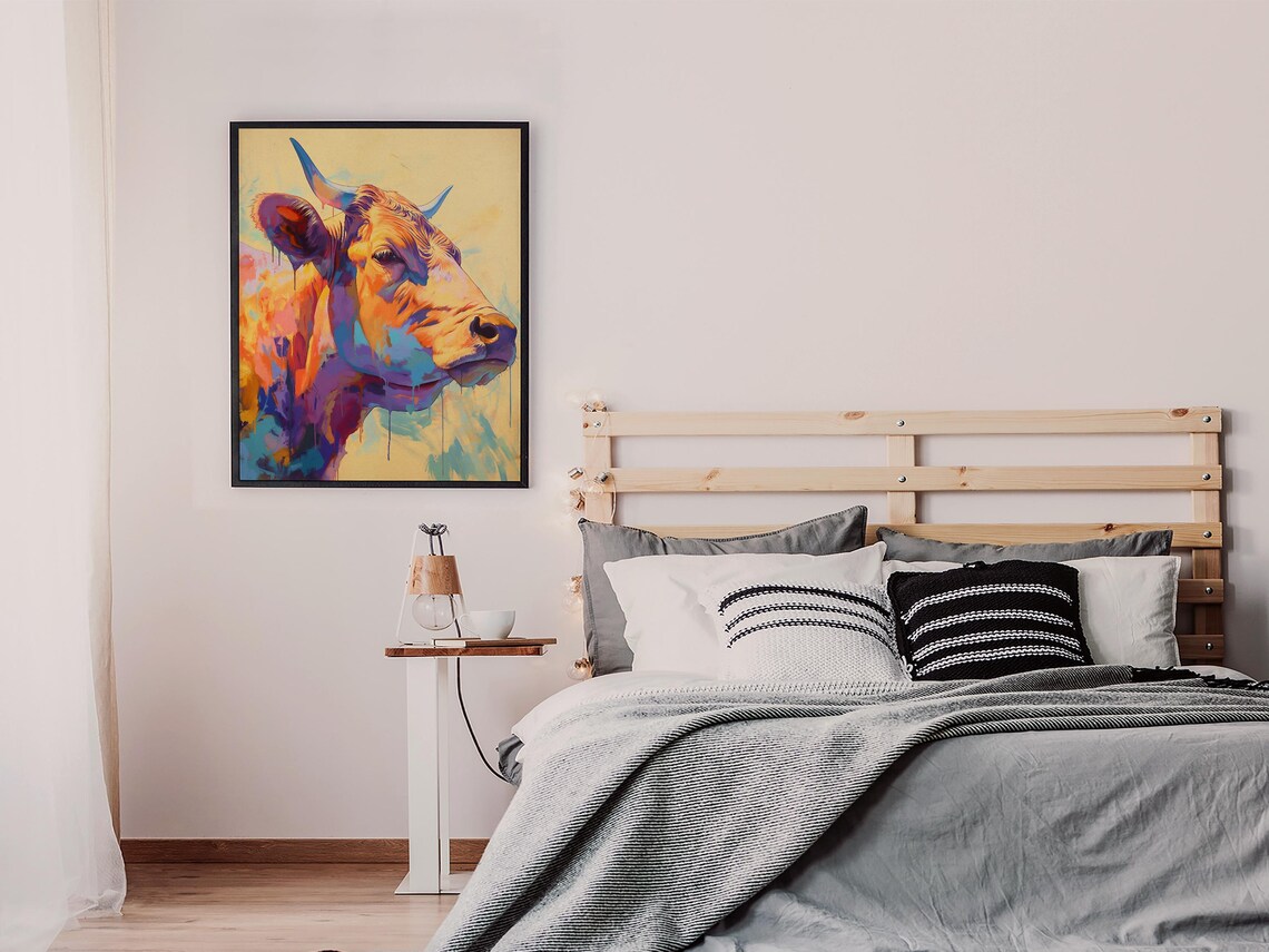 Golden Bull Profile in Orange and Blue with Paint Drips Poster - Image 7