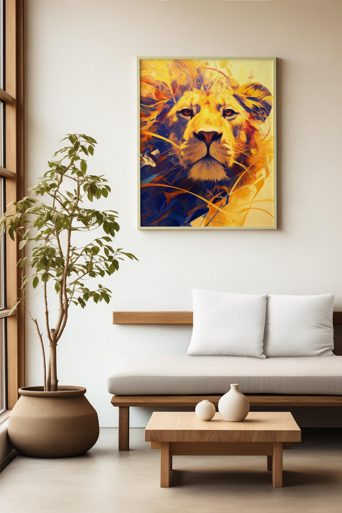 Fierce Golden Lion Face in Dynamic Blue and Gold Strokes Poster - Image 2
