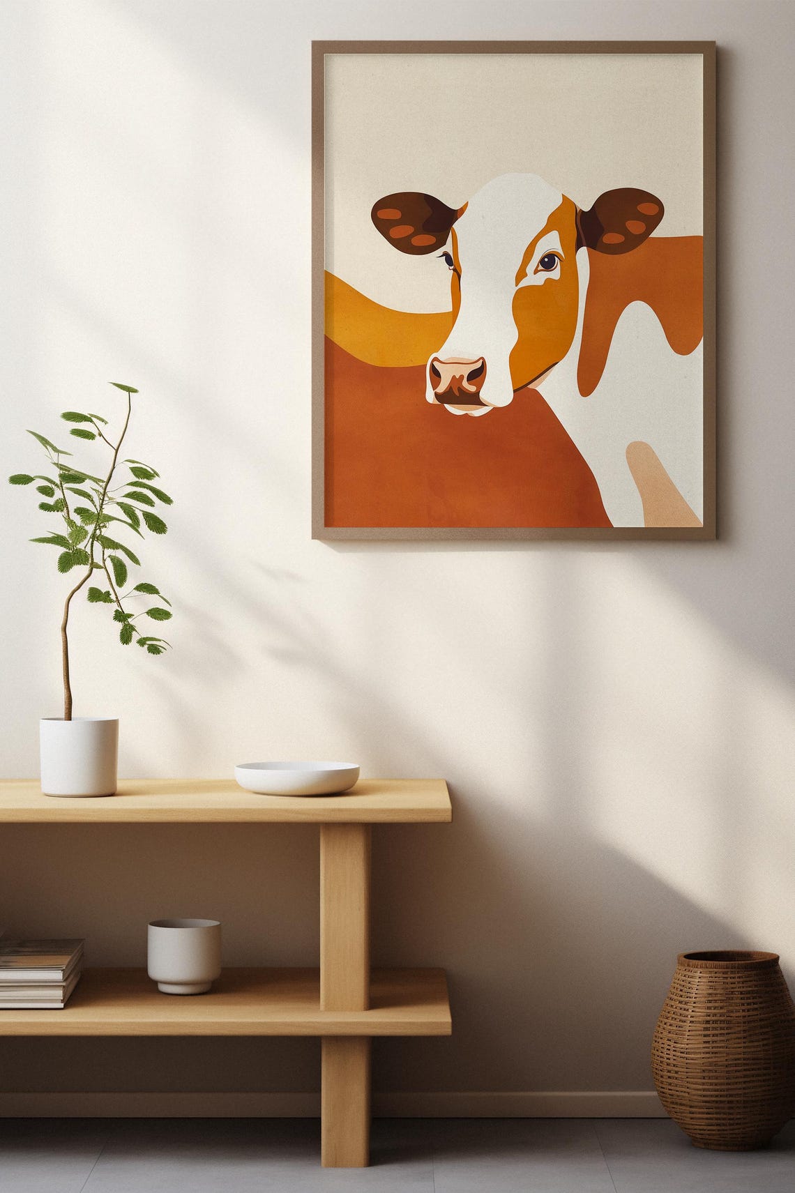 Contemporary Stylized Cow Portrait in Rich Burnt Orange Poster - Image 2