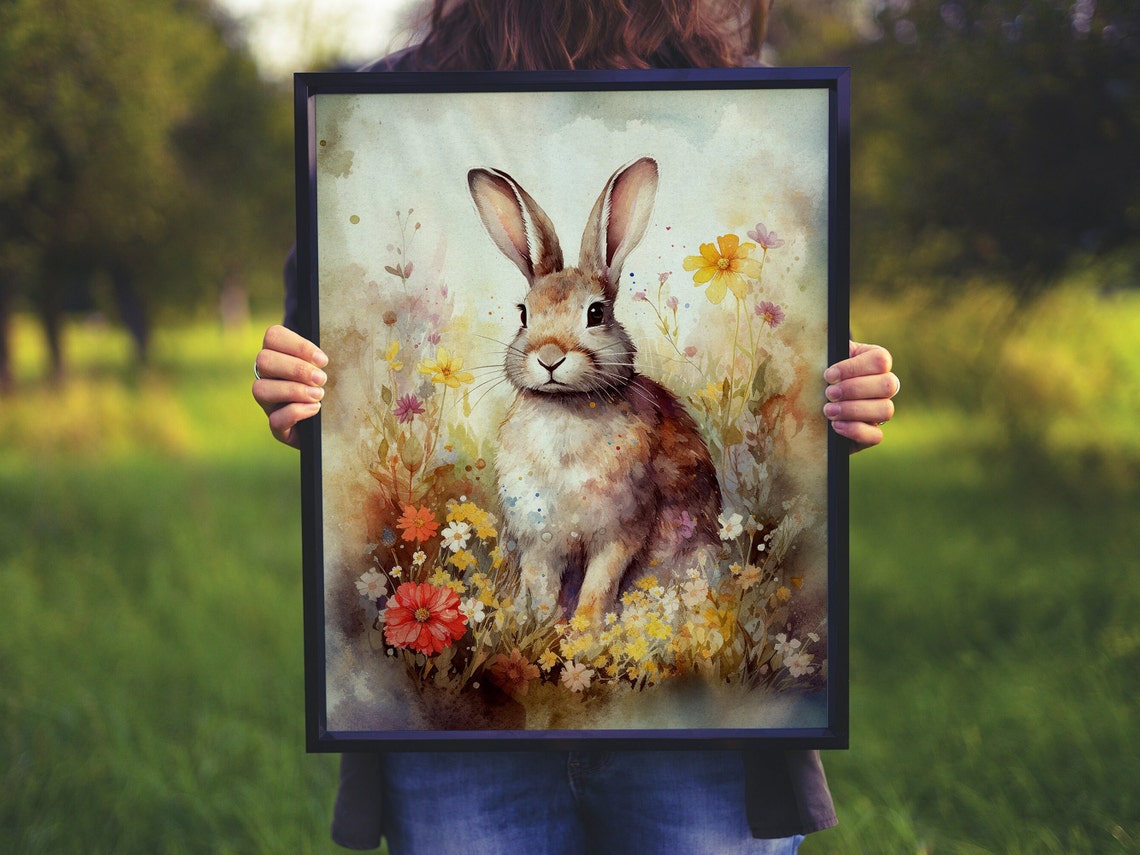 Watercolor Bunny Rabbit Among Wildflowers Pastel Animal Art Poster - Image 5