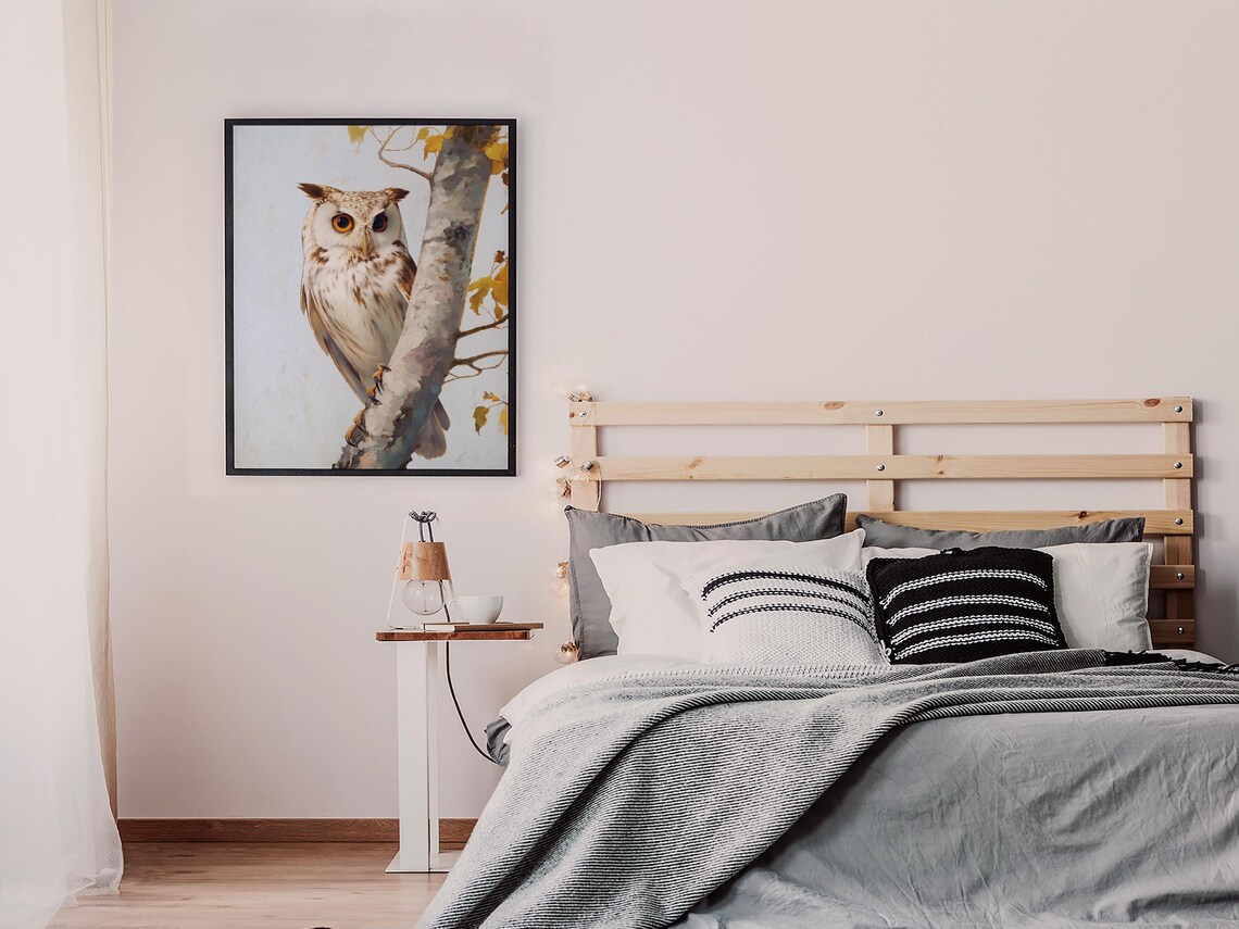 White Owl Perched on a Birch Branch with Autumn Leaves Poster - Image 7