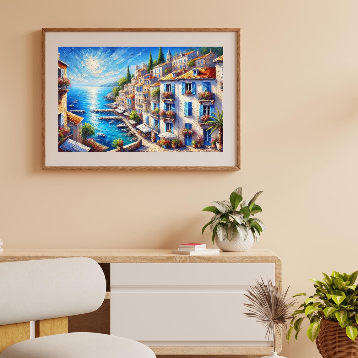 Sunny Mediterranean Coastal Town Harbor Impasto Landscape Art Poster - Image 2